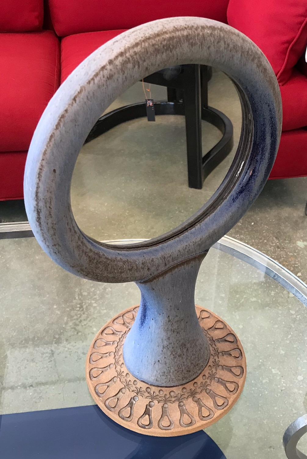 Unique Studio Pottery Glazed Ceramic Two Sided Vanity or Table Mirror, 1960s 1
