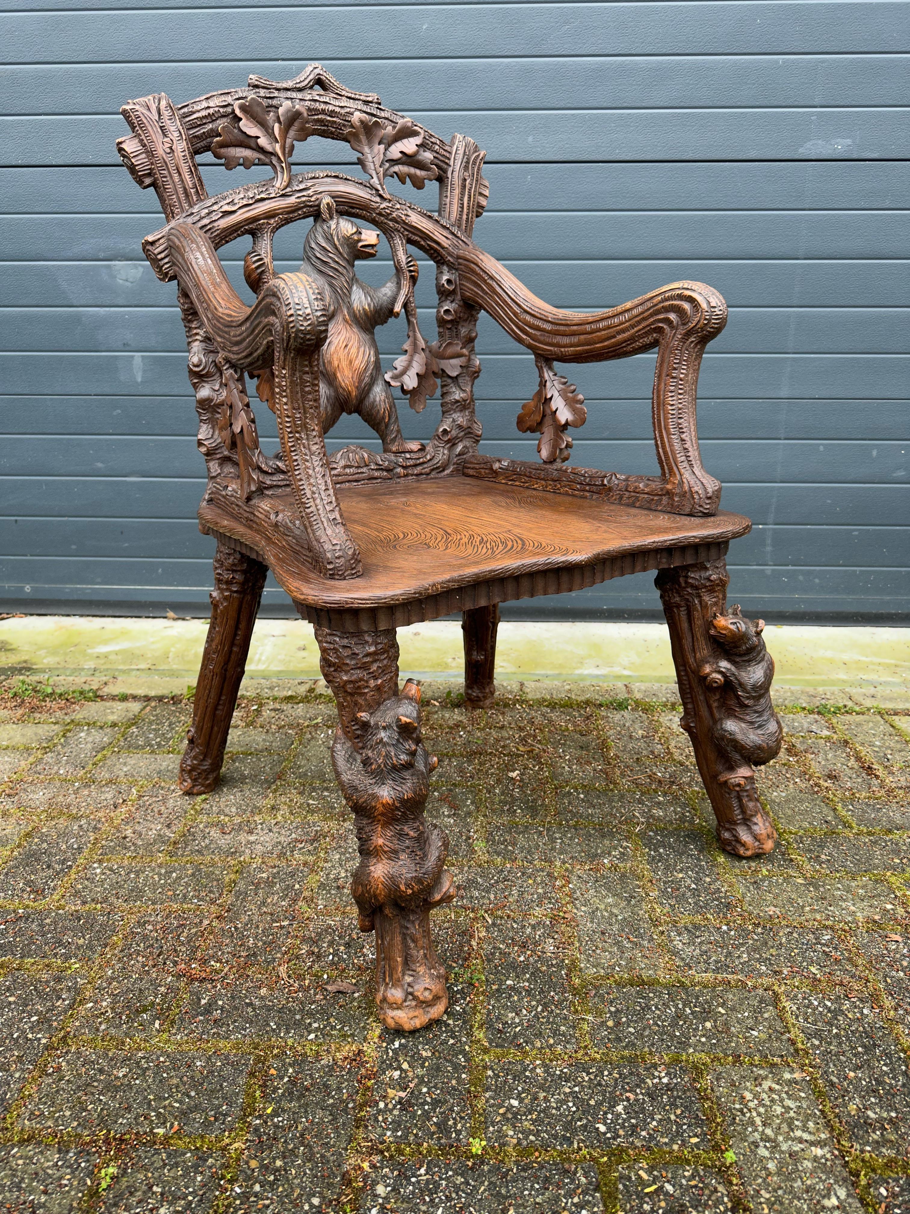 Unique & Sturdy Antique Black Forest Armchair / Lounge Chair W. Bear Sculptures 7