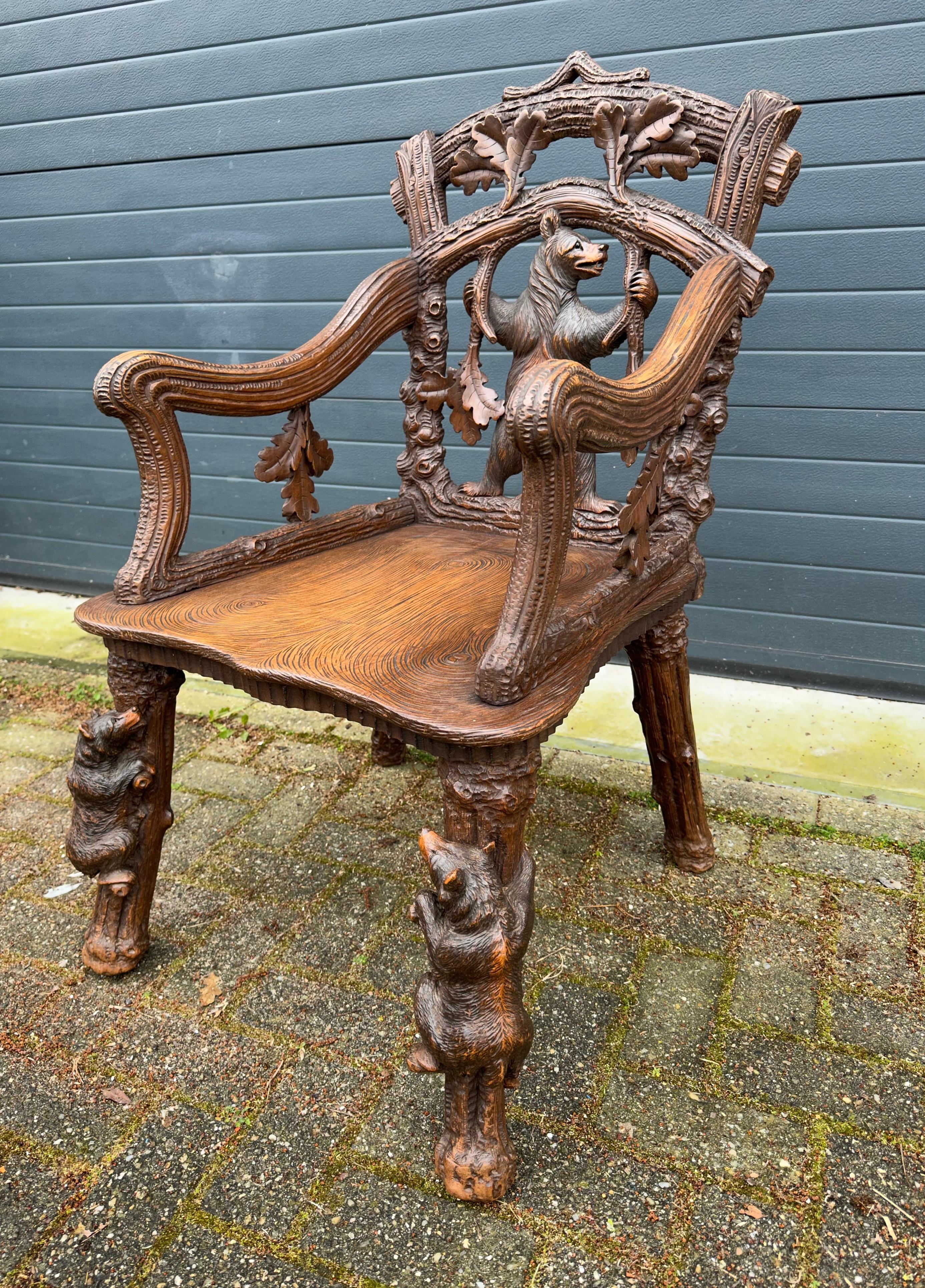 Unique & Sturdy Antique Black Forest Armchair / Lounge Chair W. Bear Sculptures 8