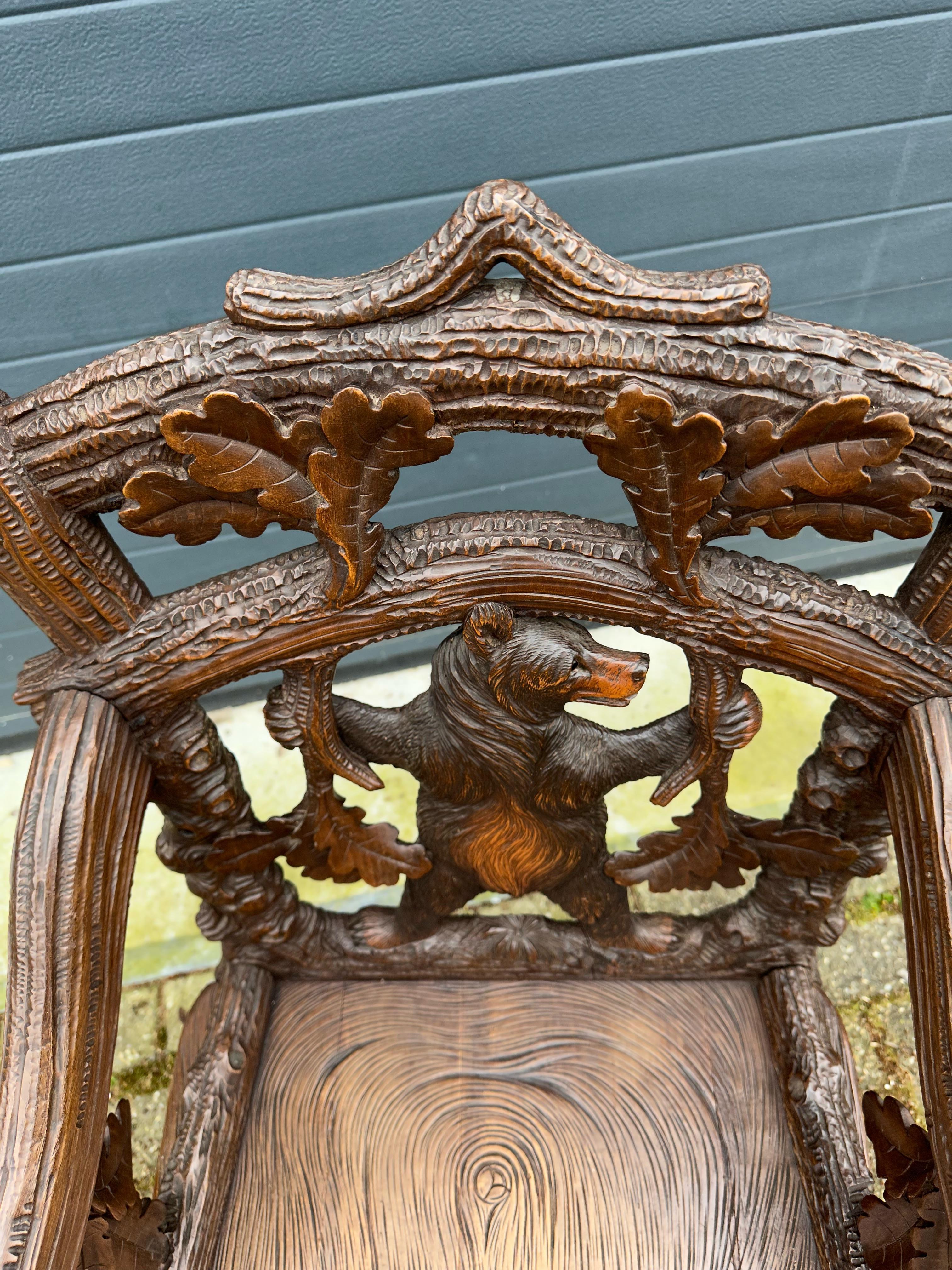 Unique & Sturdy Antique Black Forest Armchair / Lounge Chair W. Bear Sculptures 9