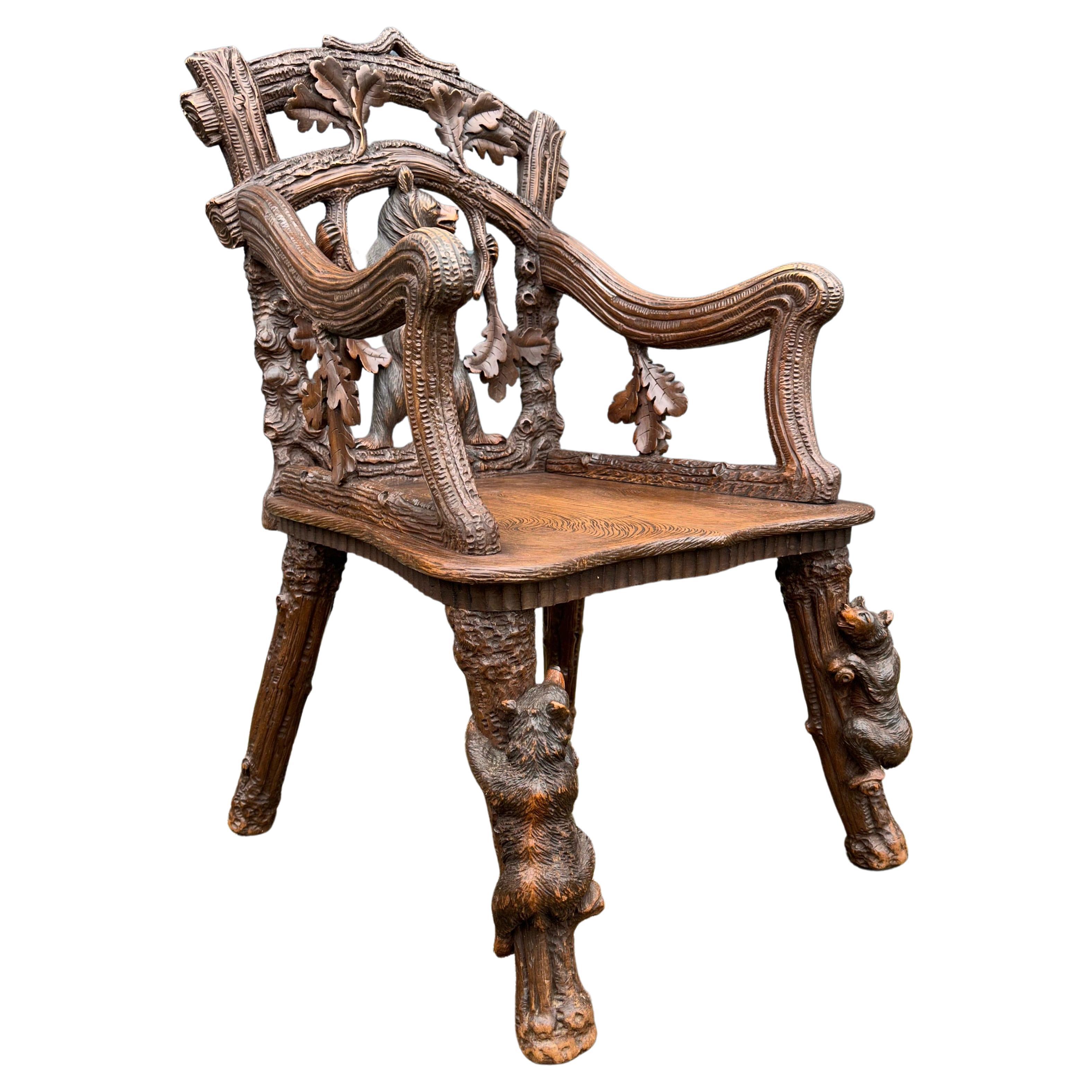 Large and impressive, hand carved armchair with three bears.

This stunning chair is as strong and stabile as the day it was made and the woodwork is in excellent condition also. The exceptionally hand carved frame is entirely made of solid oak,