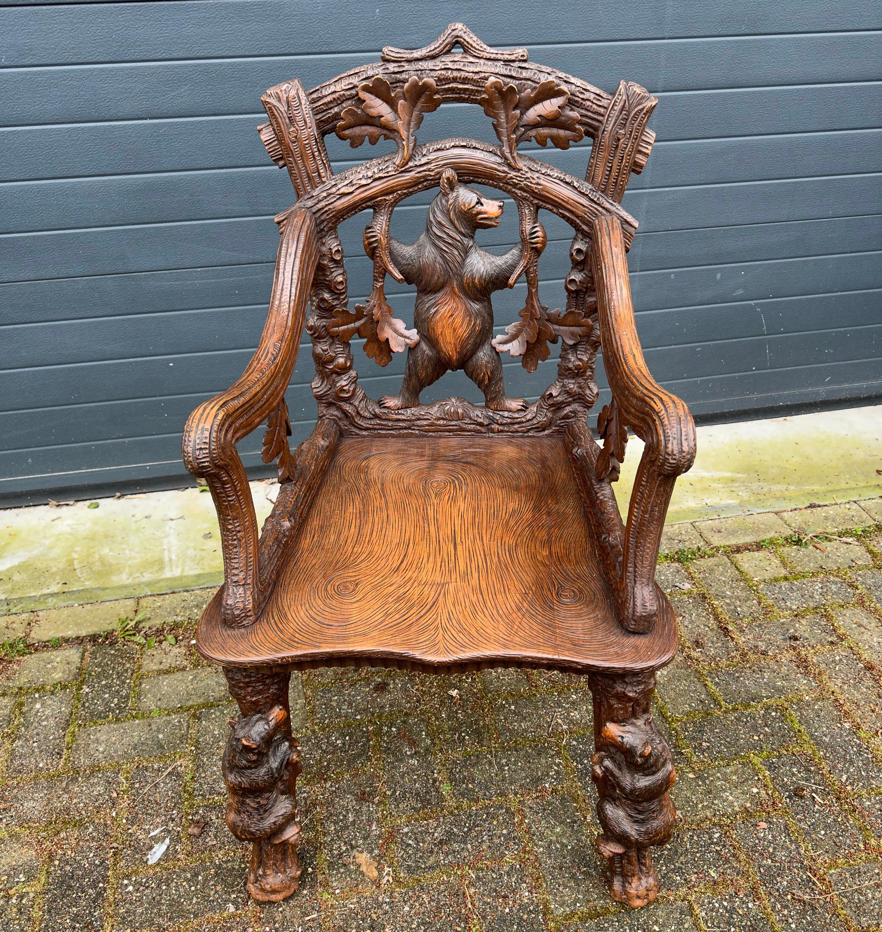 Swiss Unique & Sturdy Antique Black Forest Armchair / Lounge Chair W. Bear Sculptures