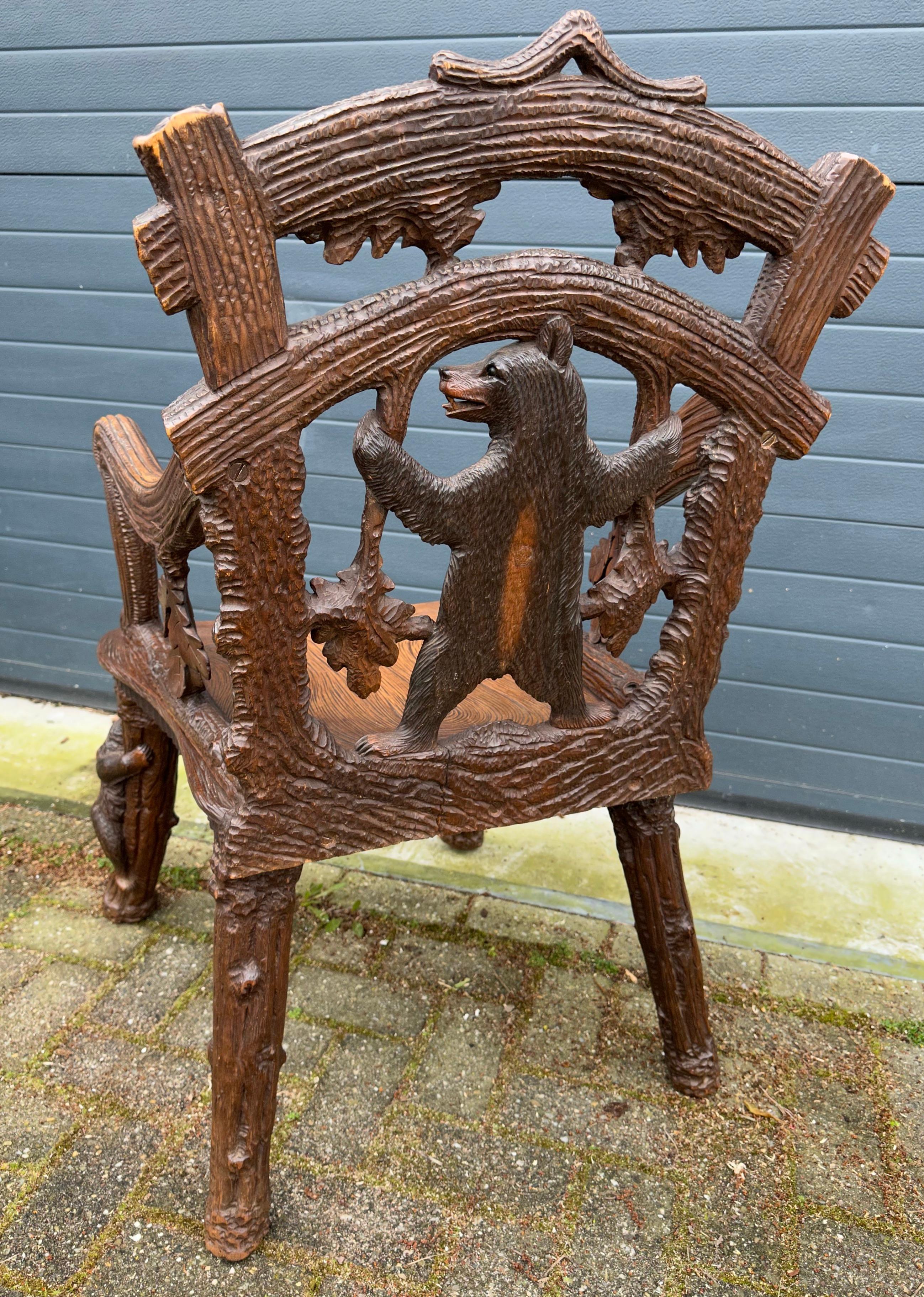 Glass Unique & Sturdy Antique Black Forest Armchair / Lounge Chair W. Bear Sculptures