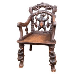 Unique & Sturdy Antique Black Forest Armchair / Lounge Chair W. Bear Sculptures