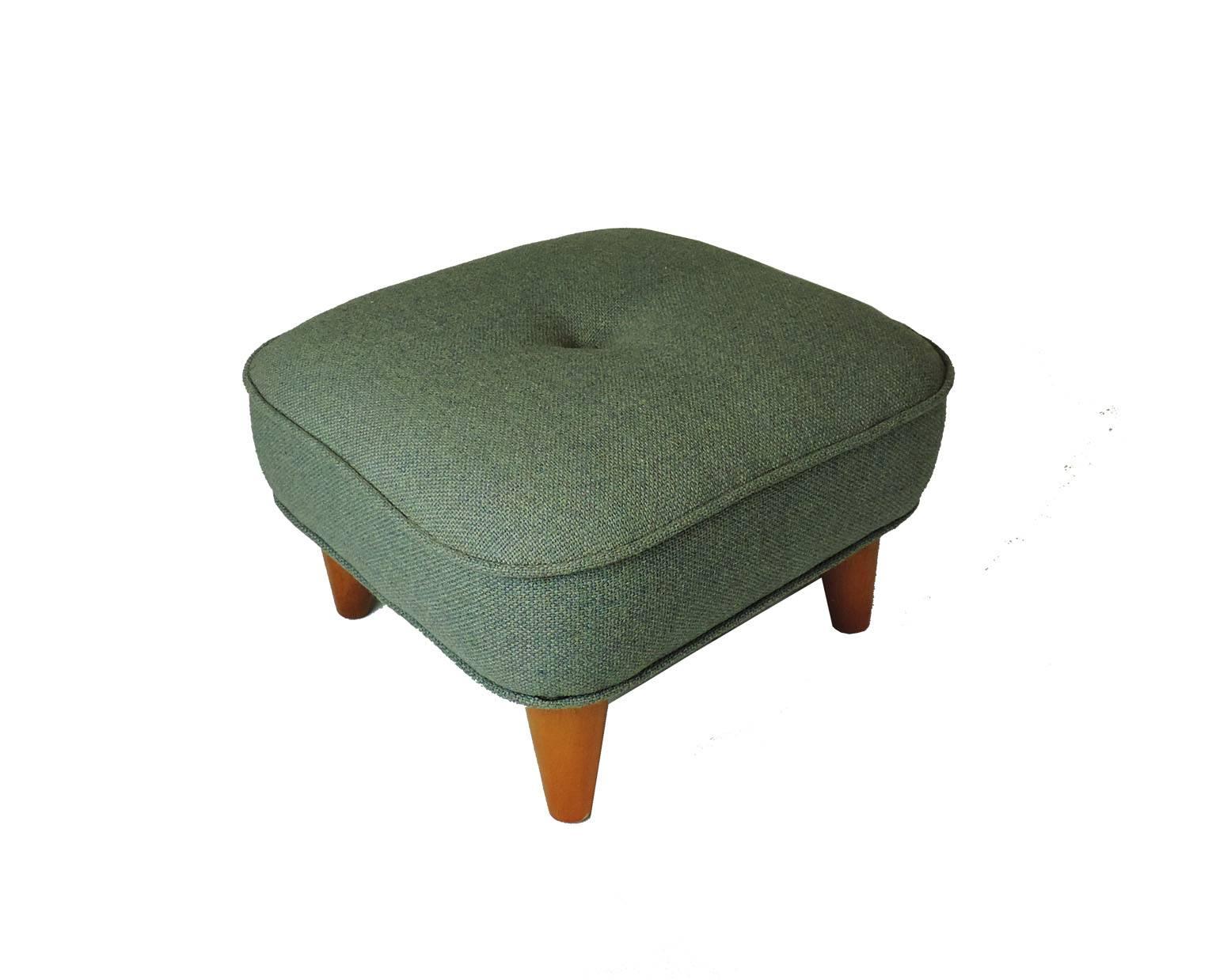 Unique style vintage Danish wool green fabric footstool.