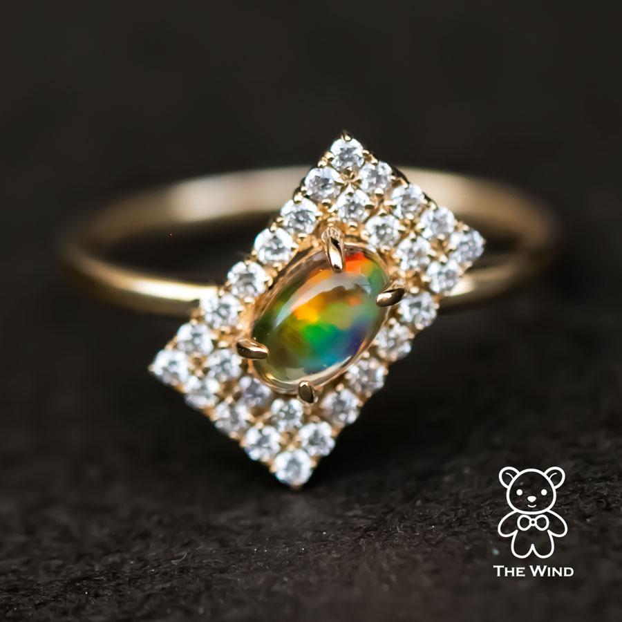 Artist Unique Stylish Mexican Fire Opal Diamond Engagement Ring 18K Yellow Gold For Sale