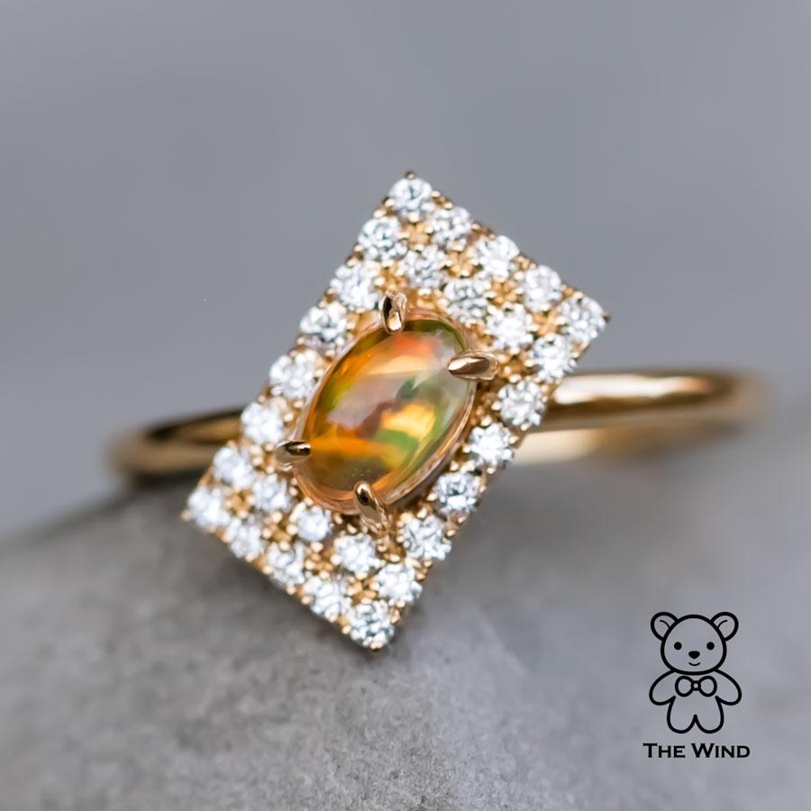 Brilliant Cut Unique Stylish Mexican Fire Opal Diamond Engagement Ring 18K Yellow Gold For Sale