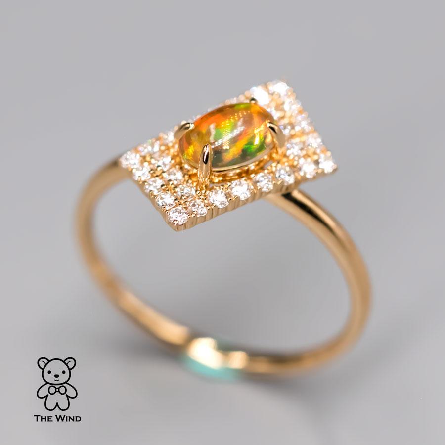 Unique Stylish Mexican Fire Opal Diamond Engagement Ring 18K Yellow Gold For Sale 1