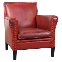 Unique, stylish red-painted armchair made of sheepskin