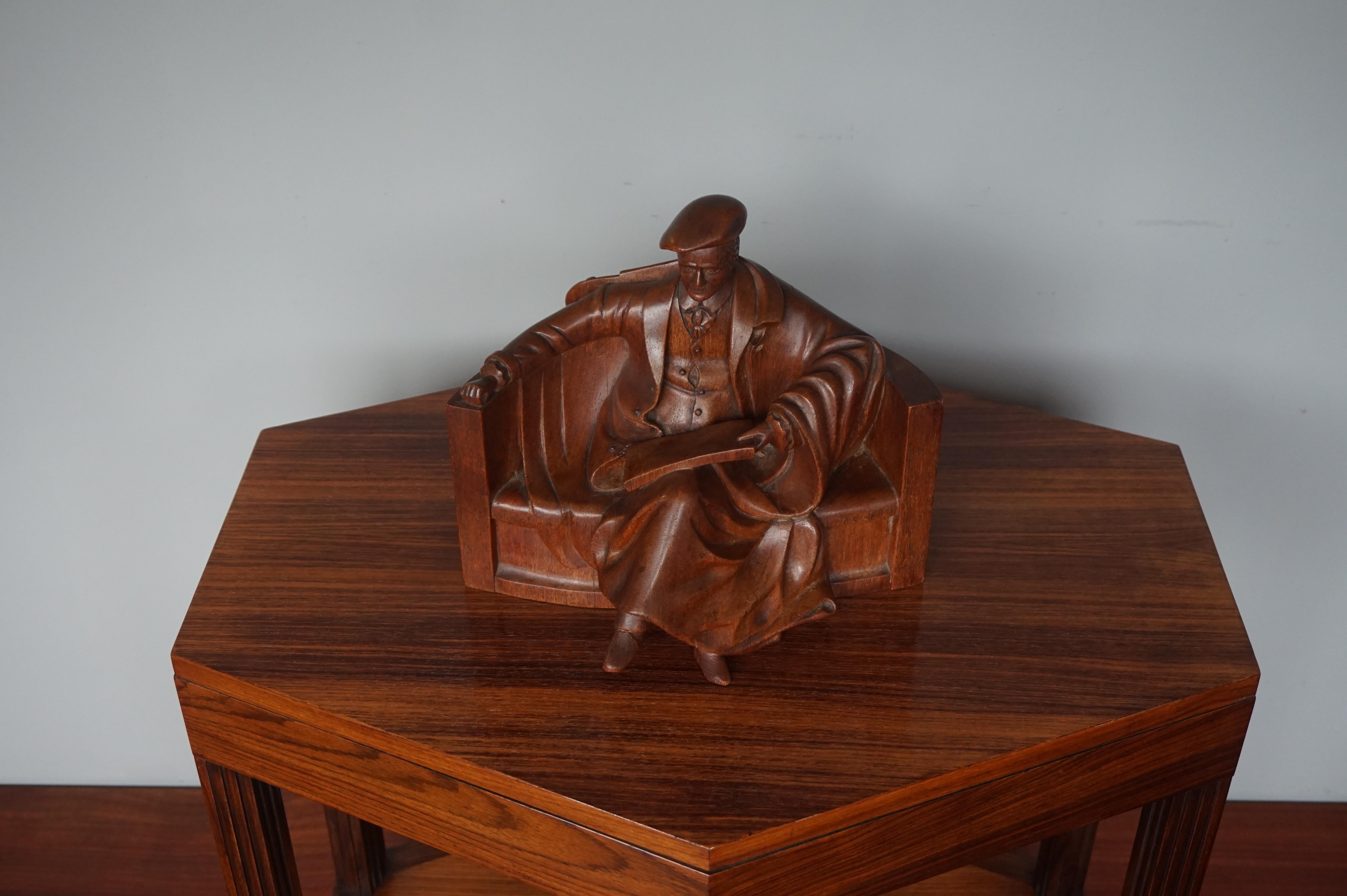 Unique & Stylish Sculpture of a Seated Scholar / Academic Made of Solid Teakwood 11