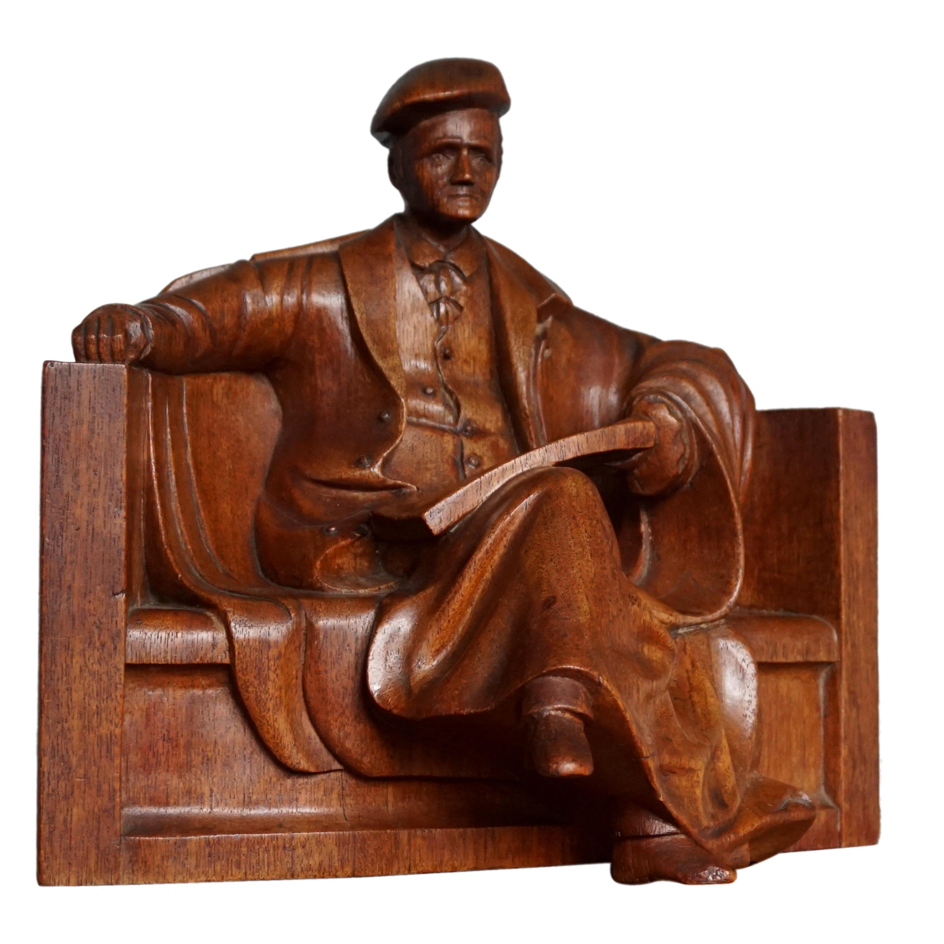 Unique & Stylish Sculpture of a Seated Scholar / Academic Made of Solid Teakwood