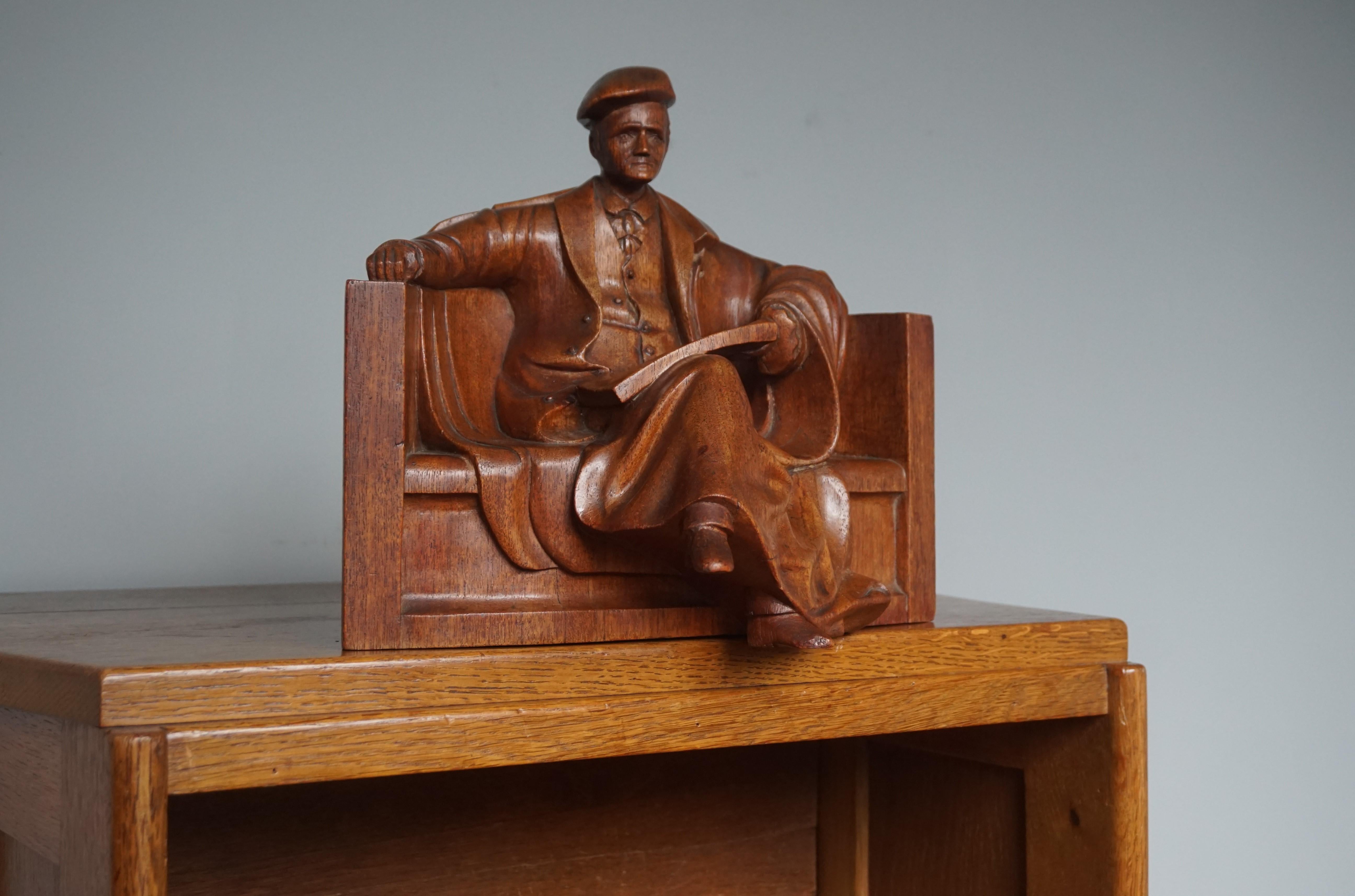 Art Deco Unique & Stylish Sculpture of a Seated Scholar / Academic Made of Solid Teakwood