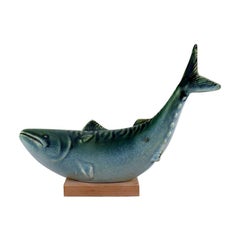 Unique Sven Wejsfelt "stim 8" fish on wooden plinth. stoneware.