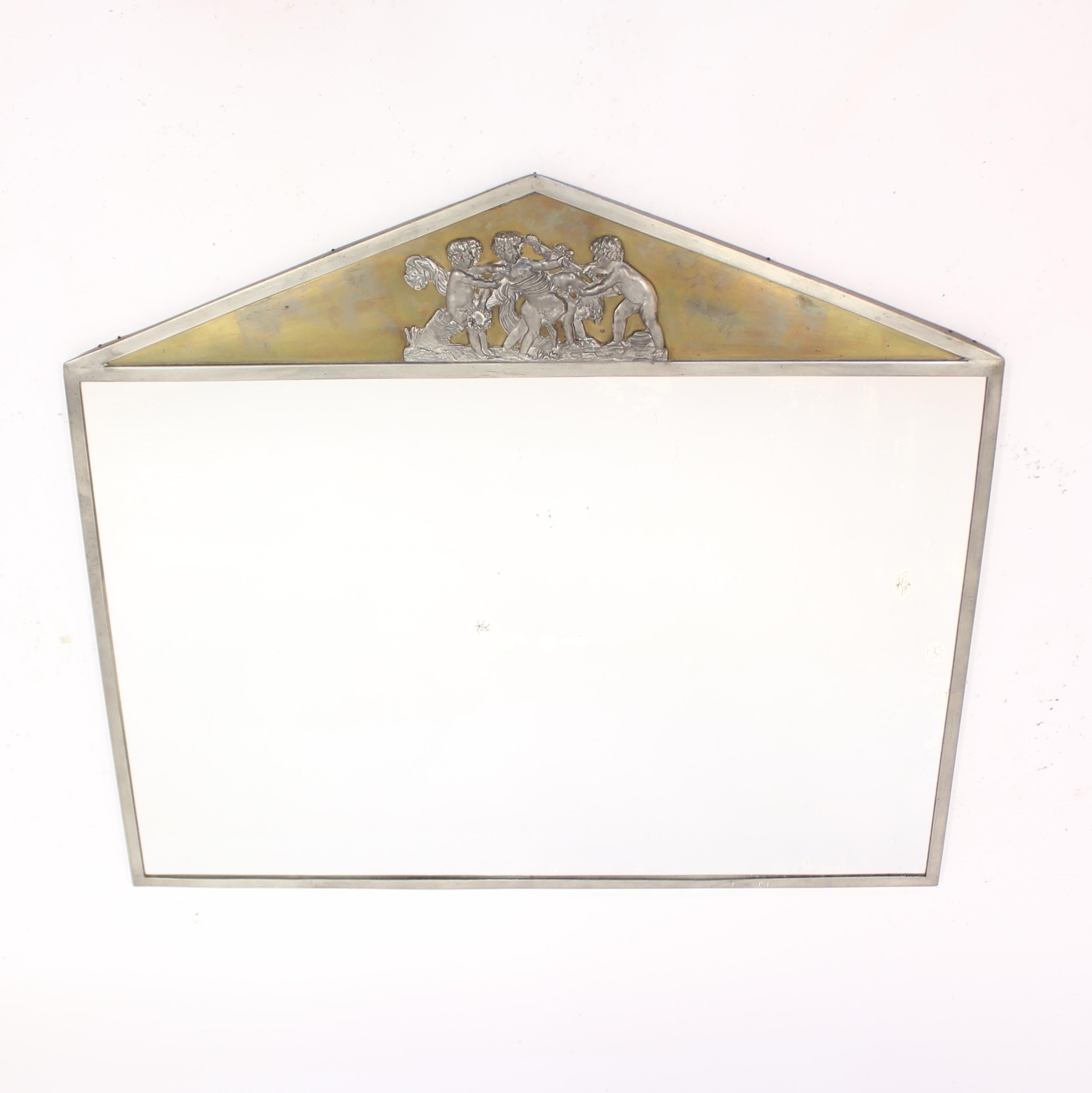 Art Deco Unique Swedish Grace Pewter and Brass Mirror by C.G. Råström, 1928 For Sale