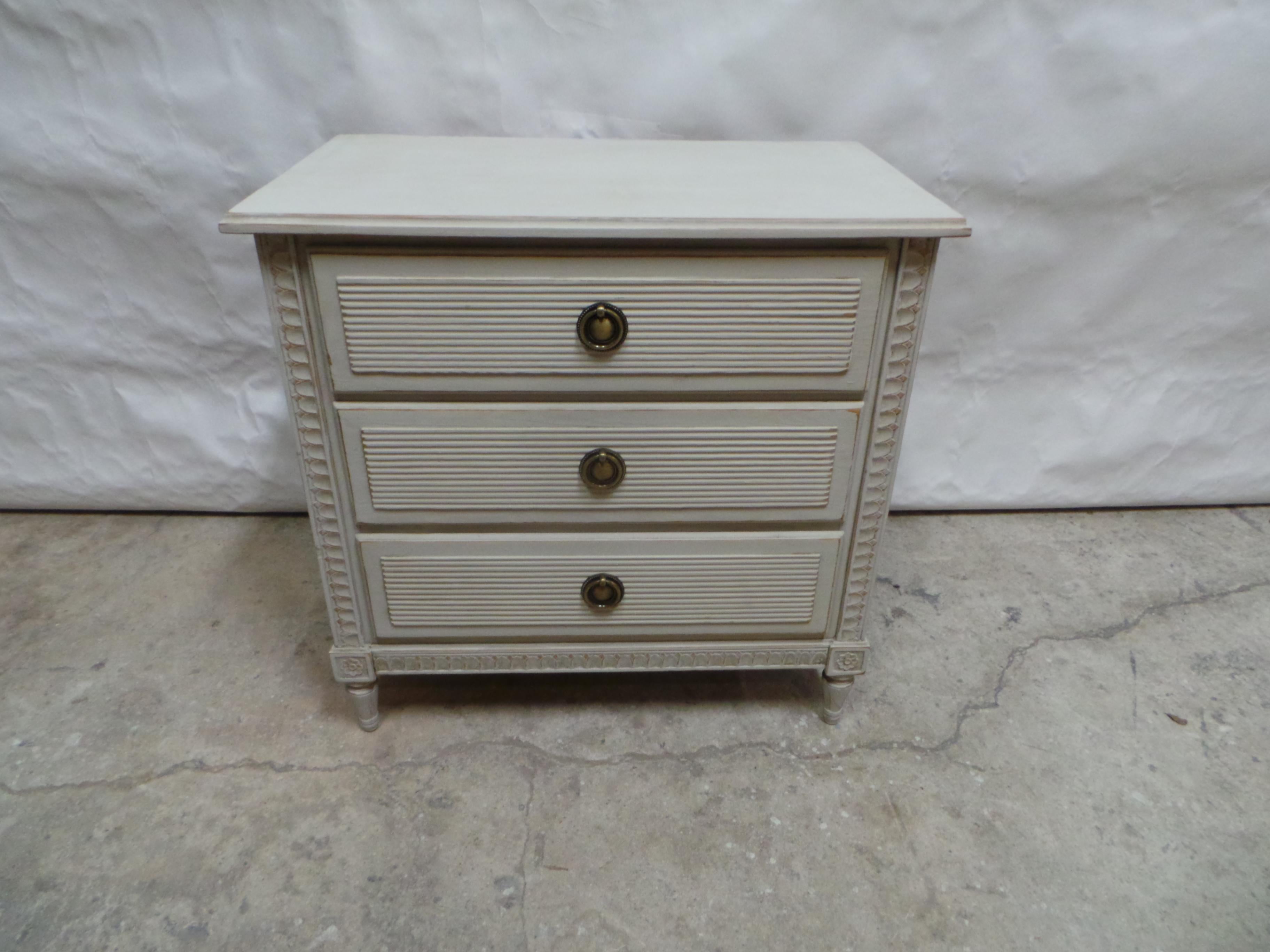 This is a Unique Swedish Gustavian Style 3 Drawer Chest. its been restored and repainted with Milk Paints 