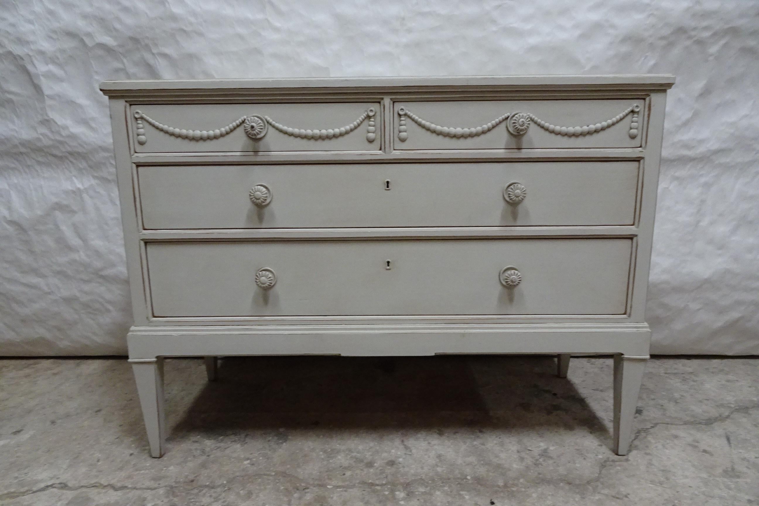 This is a Unique Swedish Gustavian Style 3 Drawer Chest Of Drawers. its been restored and repainted with Milk paints 