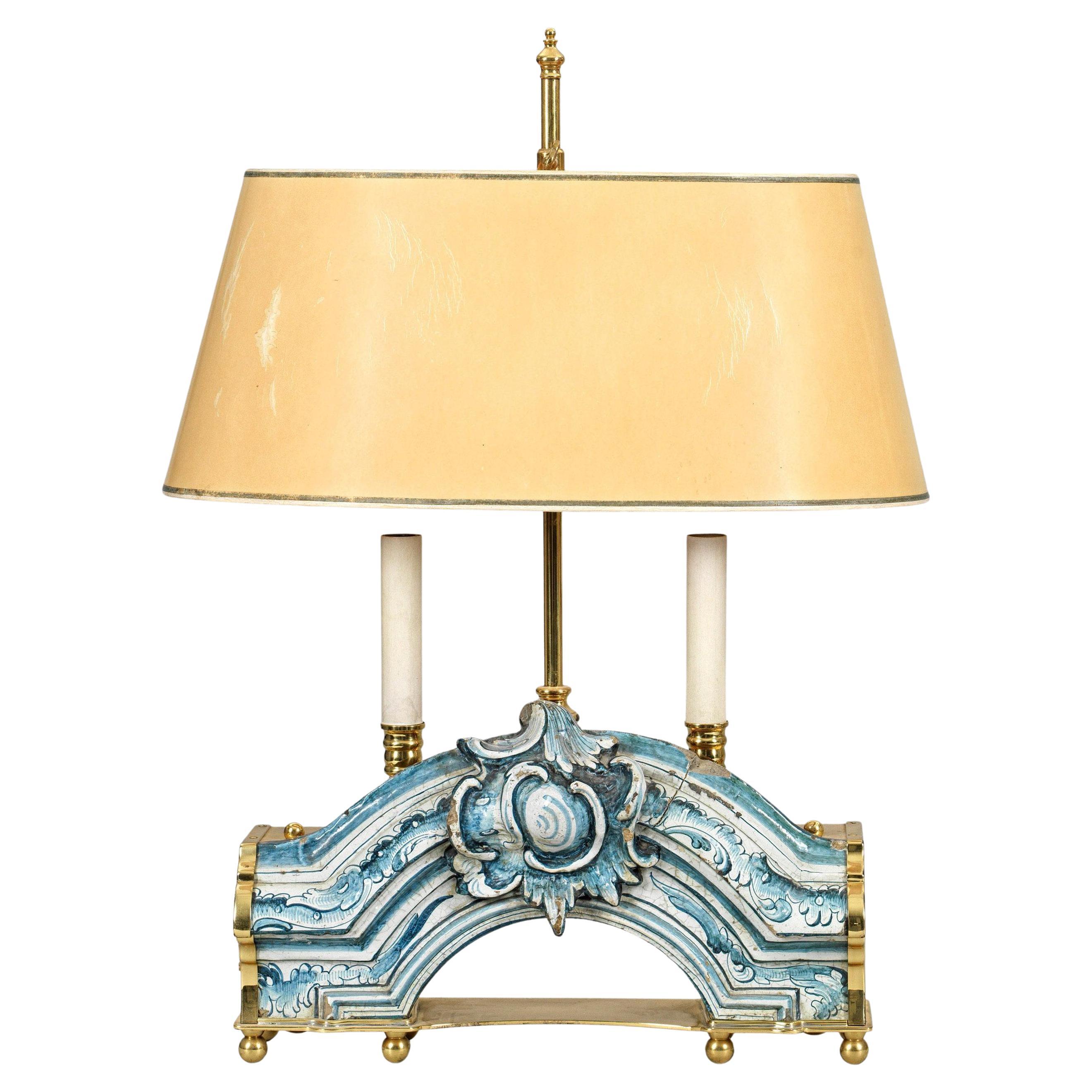 Unique Table Lamp with Antique Faience Blue and Cream Architectural Fragment