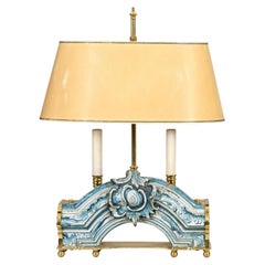 Unique Table Lamp with Antique Faience Blue and Cream Architectural Fragment