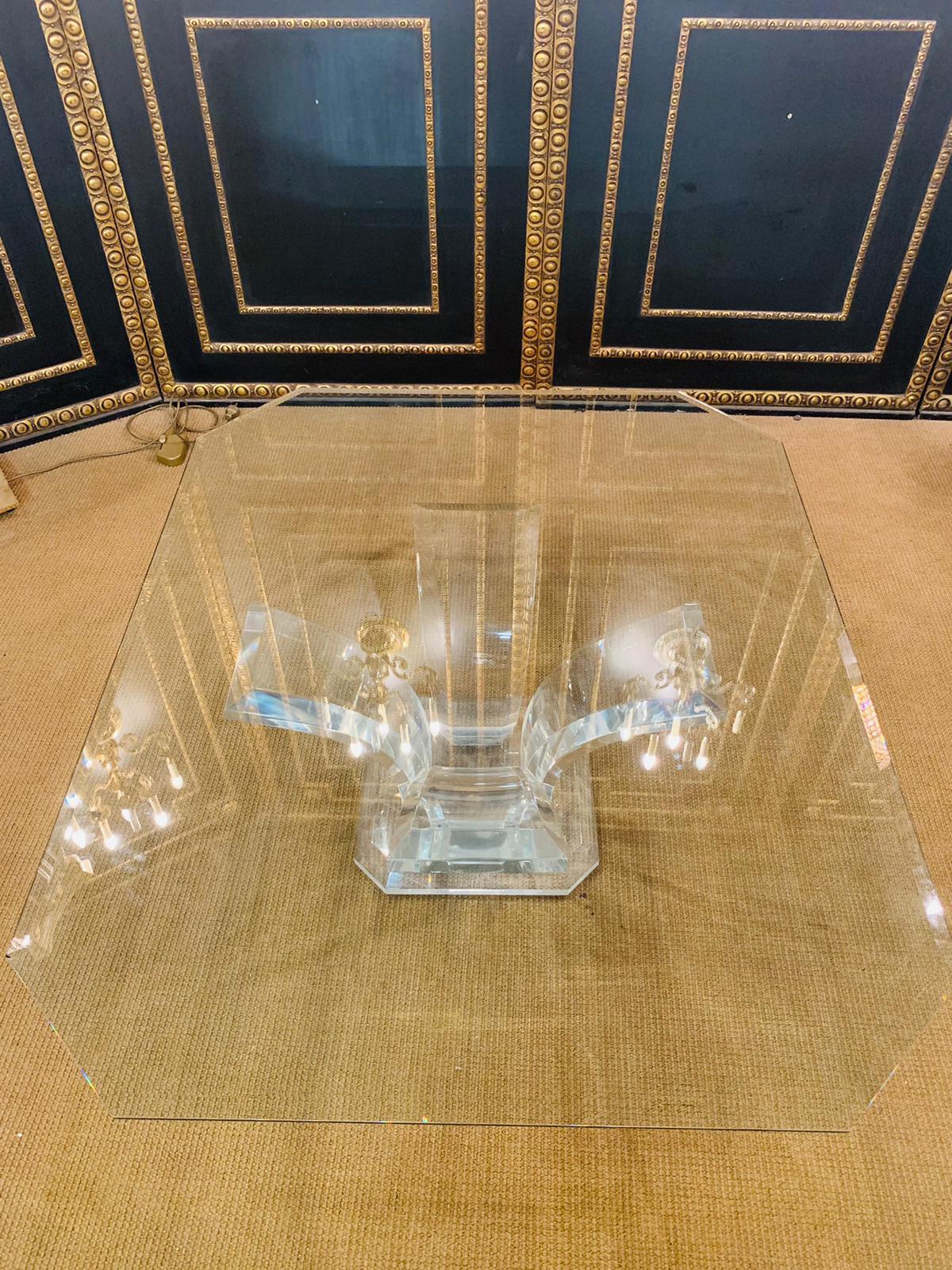 Glamorous sofa/coffee table, in the style of Jeffrey Bigelow for Spectrum LTD, circa 1976. Curved acrylic base inserted four gently curved, faceted acrylic cast plates that support a glass plate. Jeffrey Bigelow was one of the first to find cast