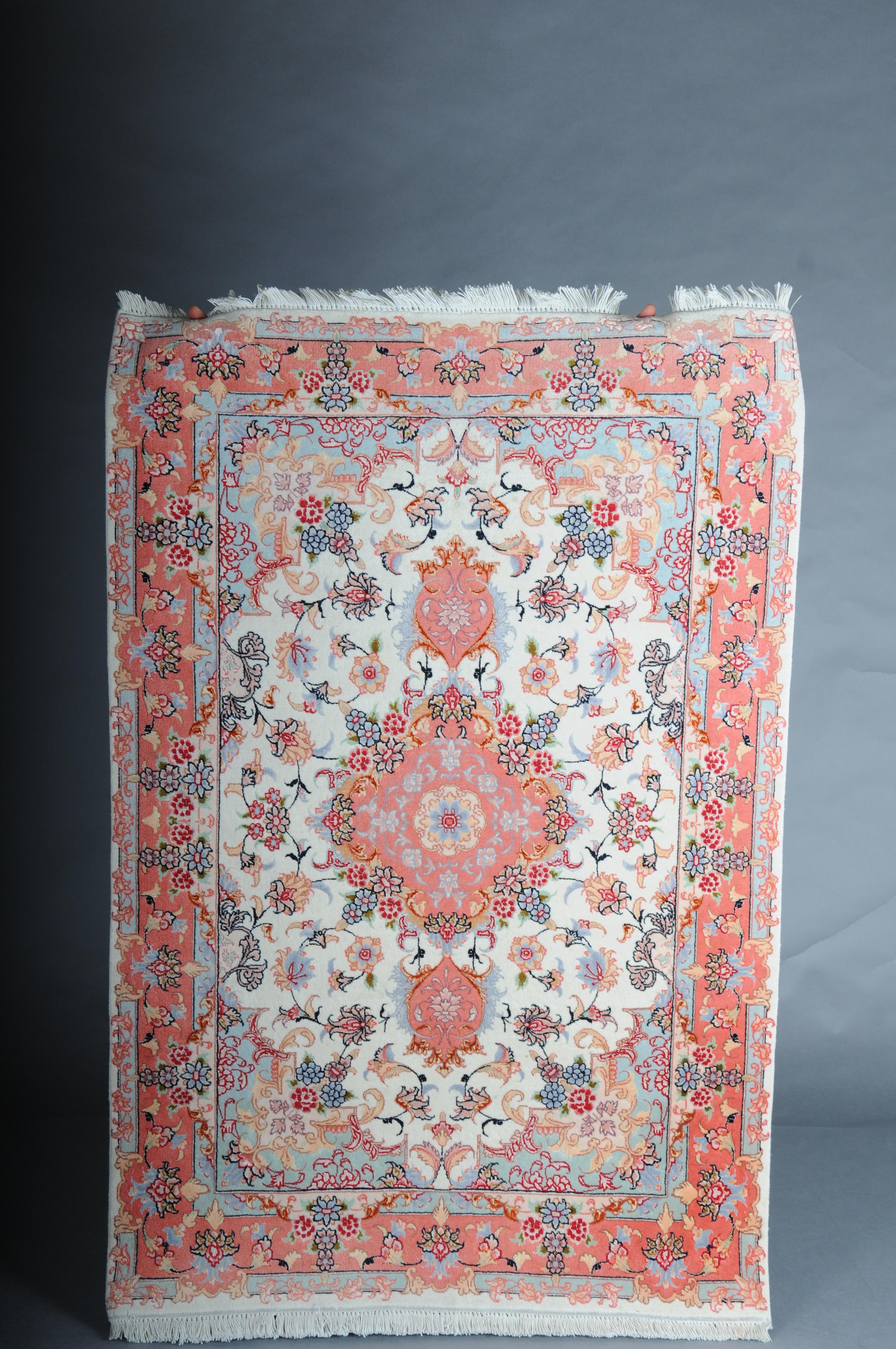 Unique Tabriz Wool and Silk Rug, Salmon-Colored, circa 1980s

This Tabriz rug was hand-knotted in northwestern Iran, in the artisanal city of the same name, Tabriz. Only high-quality wool and natural silk were used. With its patterns and decorative