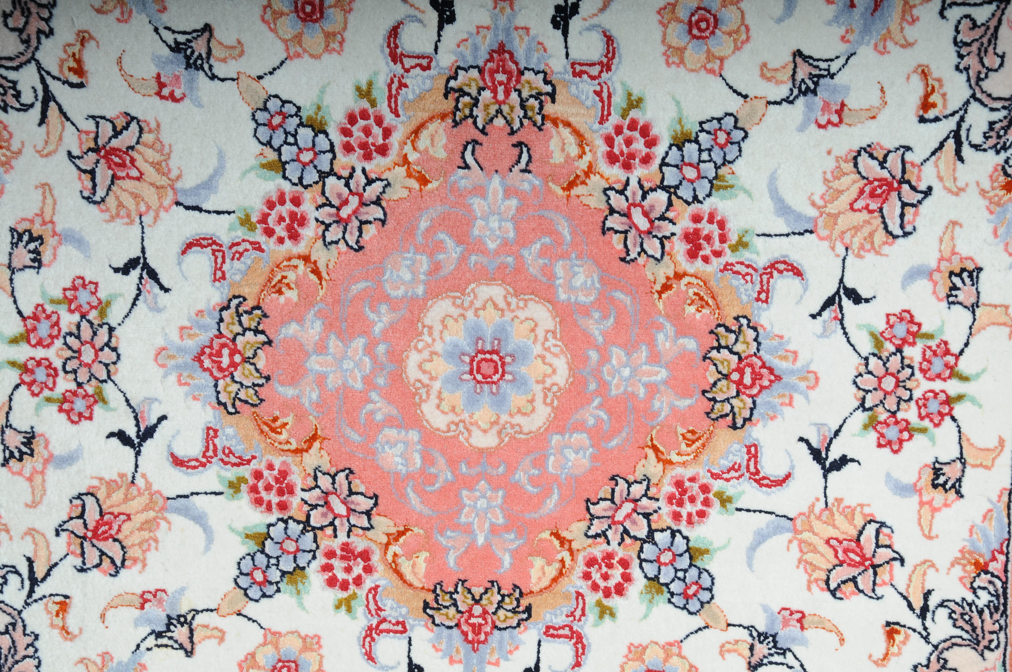 Unique Tabriz Wool and Silk Rug, Salmon-Colored, circa 1980s For Sale 2