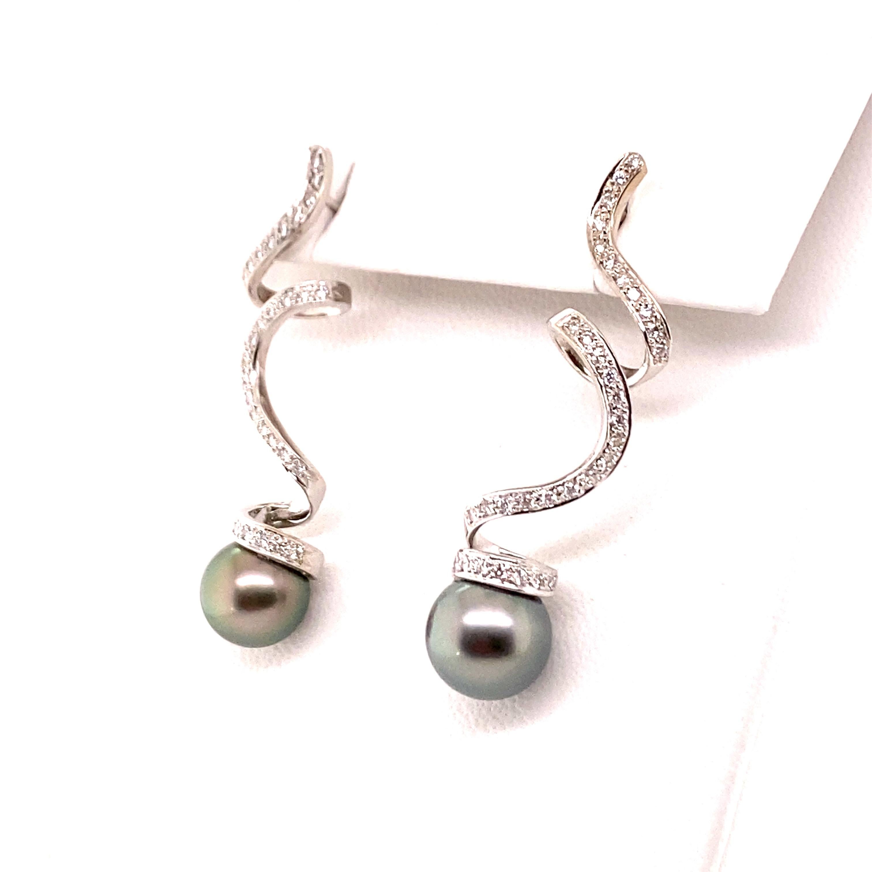 Contemporary Unique Tahitian Cultured Pearl and Diamond Ear Studs in 18 Karat White Gold For Sale