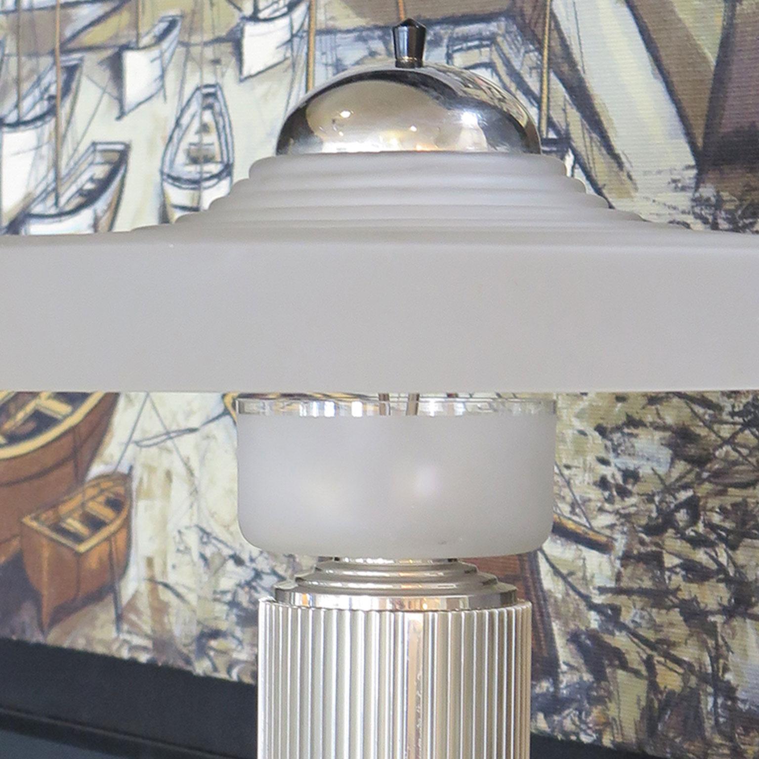 Art Deco Unique Tall Table Lamp in Nickel and Glass Attributed to Georges Leleu