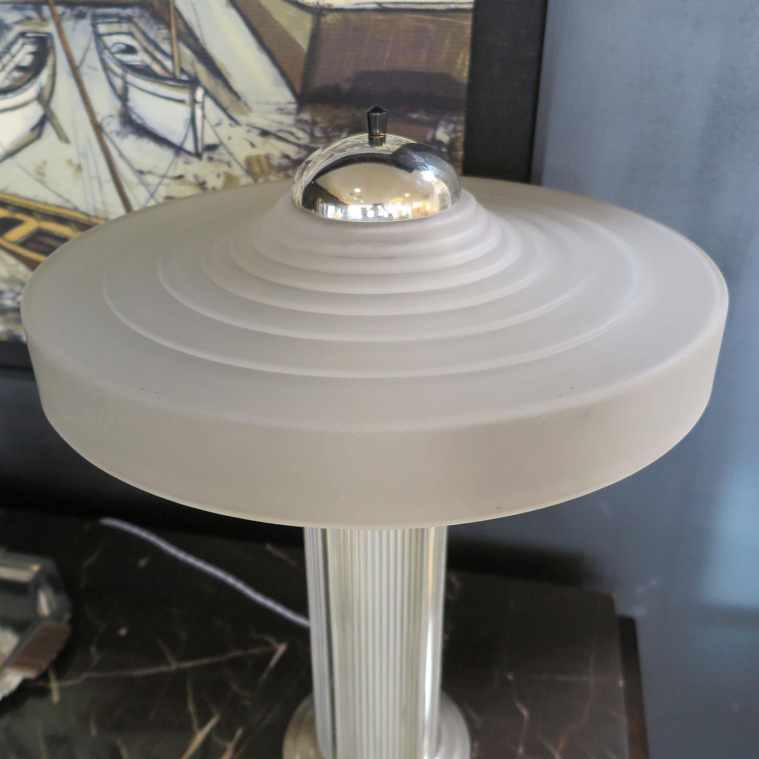 French Unique Tall Table Lamp in Nickel and Glass Attributed to Georges Leleu