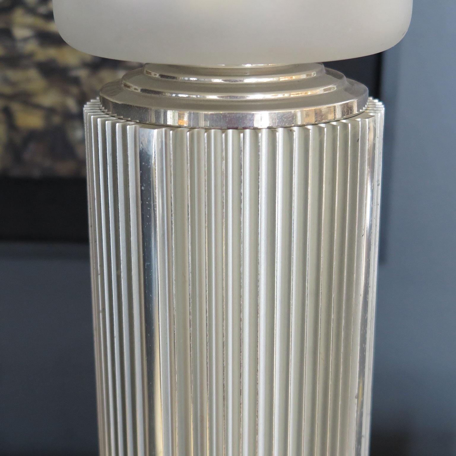 Unique Tall Table Lamp in Nickel and Glass Attributed to Georges Leleu In Good Condition In Los Angeles, CA