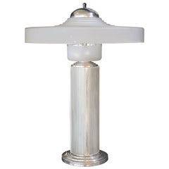 Unique Tall Table Lamp in Nickel and Glass Attributed to Georges Leleu