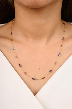 Unique Tanzanite and Tourmaline Station Necklace Crafted in 18k Yellow Gold