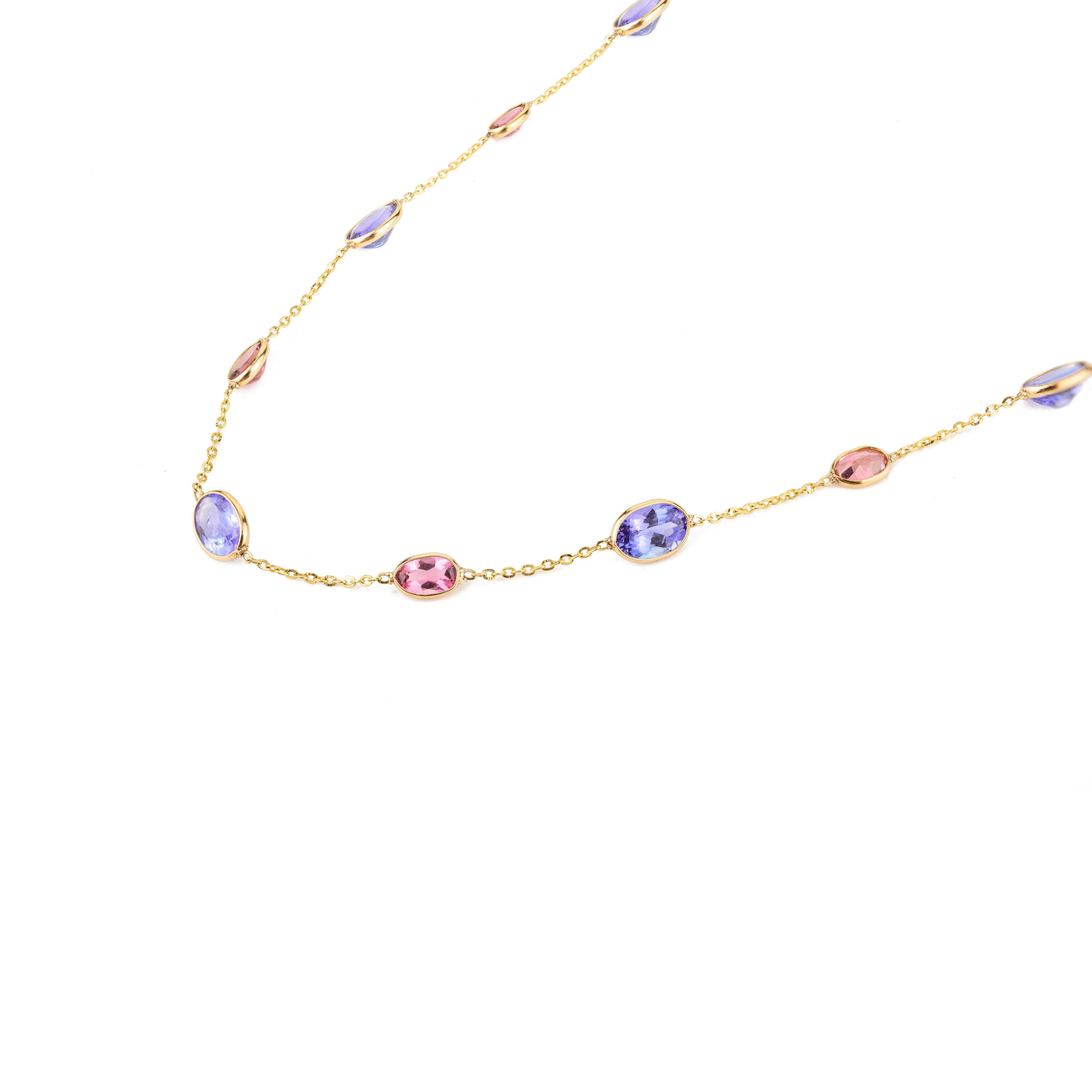Modernist Unique Tanzanite and Tourmaline Station Necklace Crafted in 18k Yellow Gold For Sale