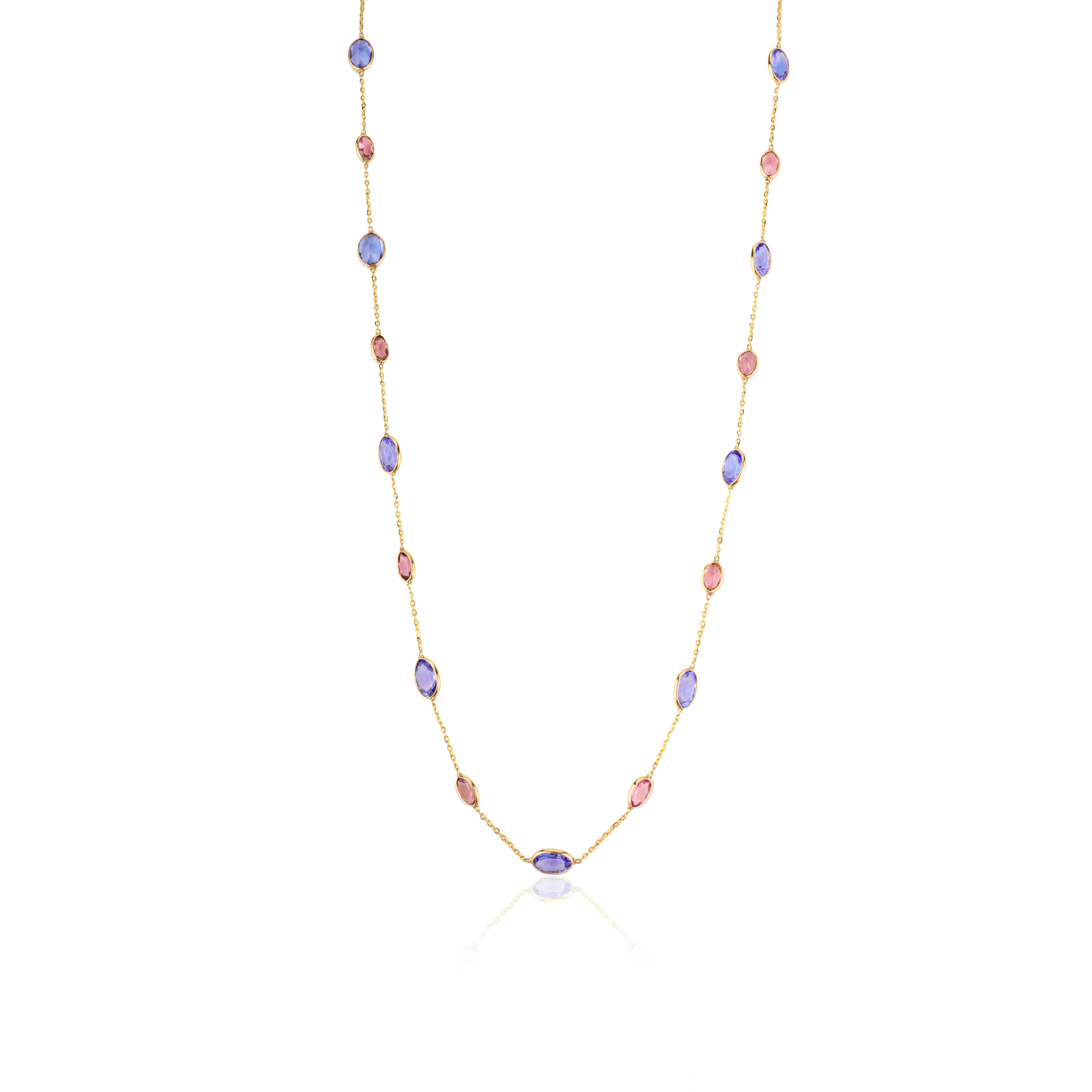 Unique Tanzanite and Tourmaline Station Necklace Crafted in 18k Yellow Gold In New Condition For Sale In Houston, TX