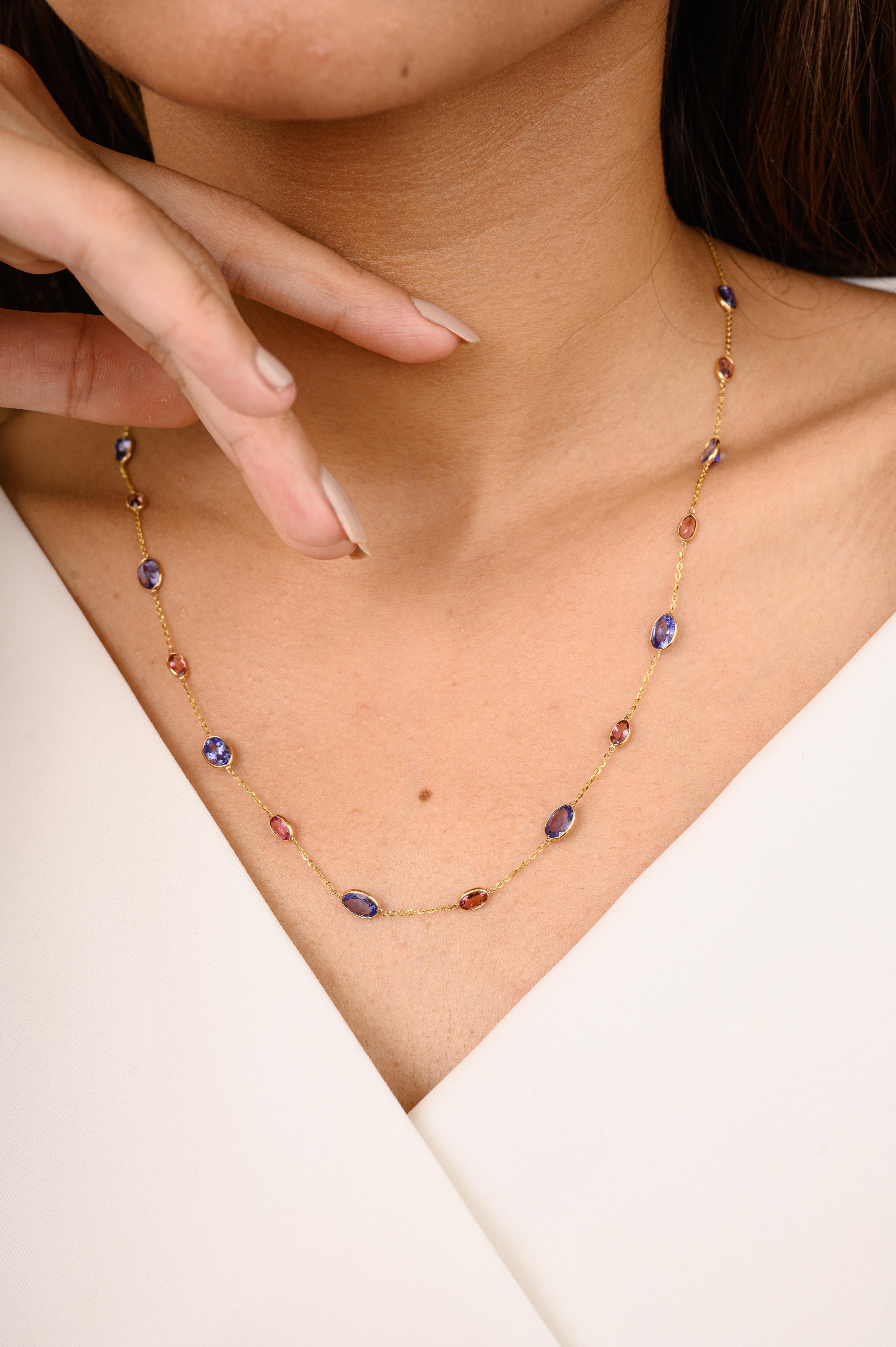 Women's Unique Tanzanite and Tourmaline Station Necklace Crafted in 18k Yellow Gold For Sale