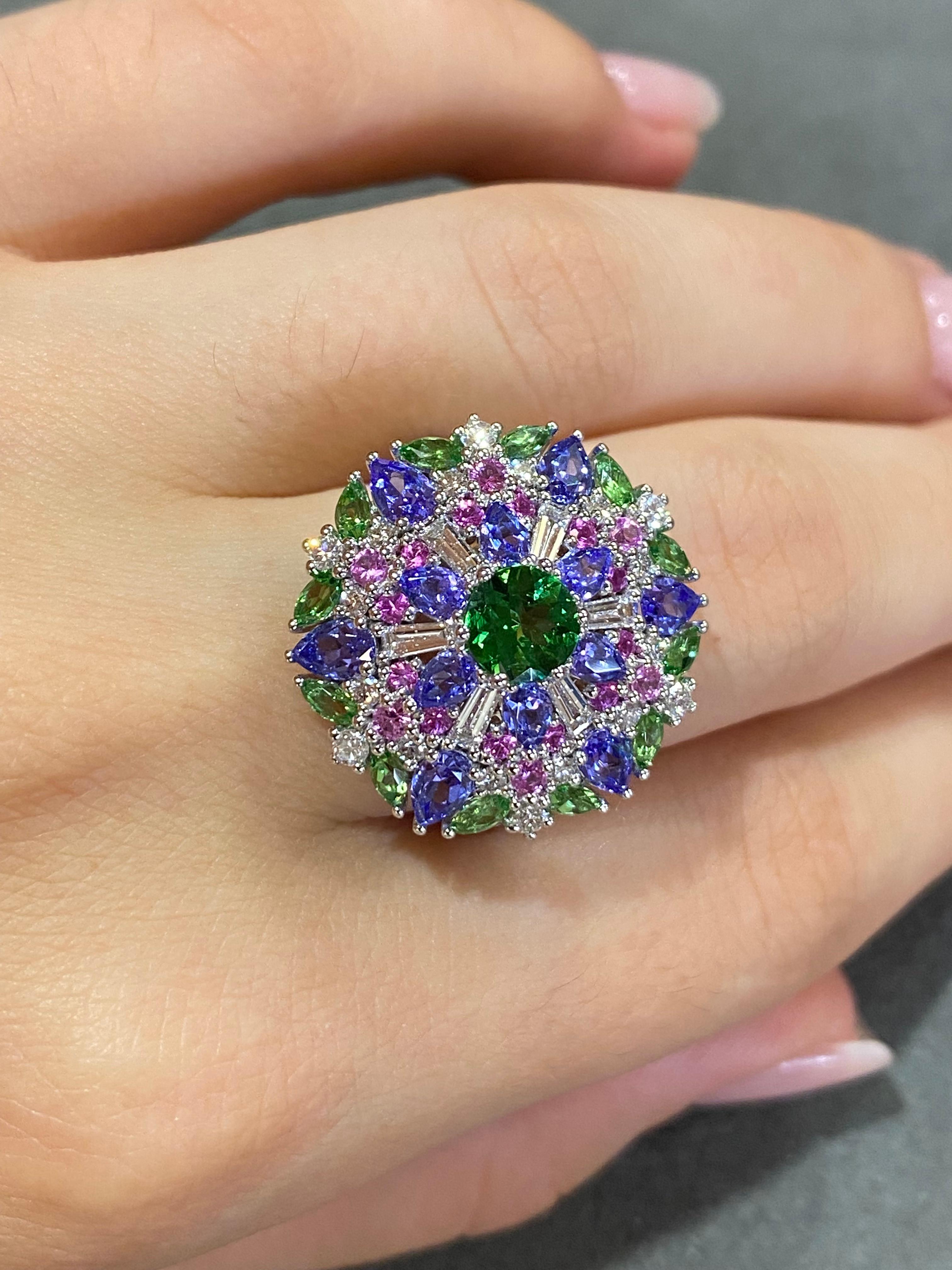 Modern Unique Tanzanite Pink Sapphire Emerald Diamond White 18K Gold Ring for Her For Sale