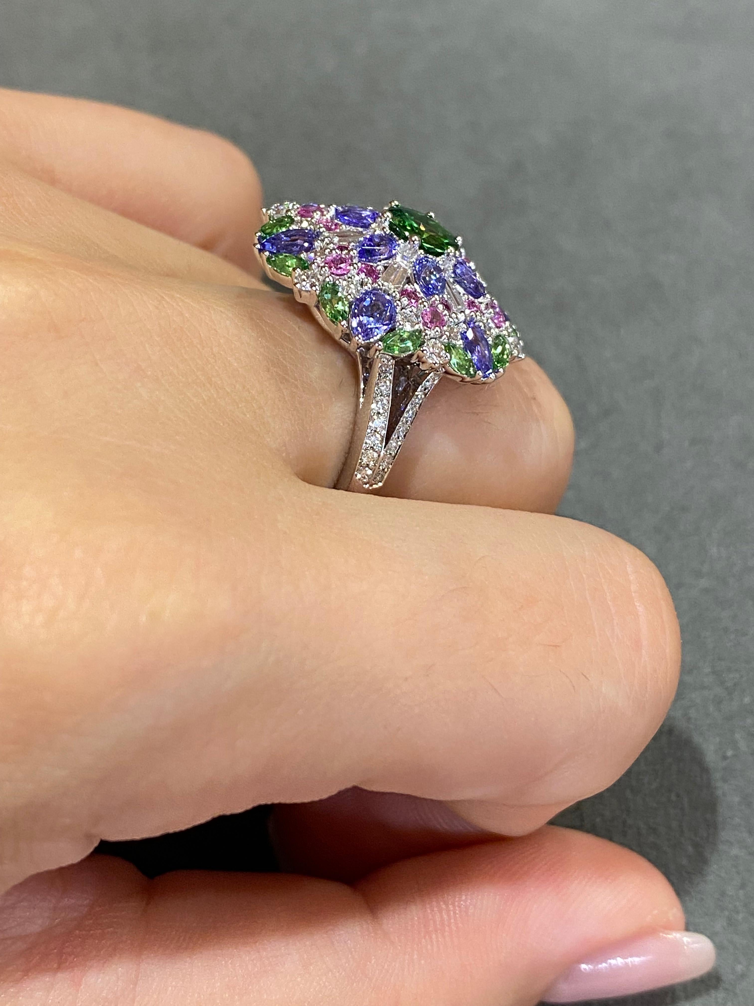 Round Cut Unique Tanzanite Pink Sapphire Emerald Diamond White 18K Gold Ring for Her For Sale