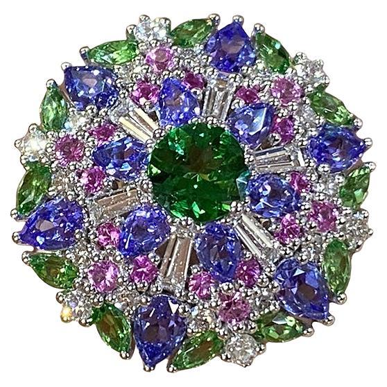 Unique Tanzanite Pink Sapphire Emerald Diamond White 18K Gold Ring for Her For Sale