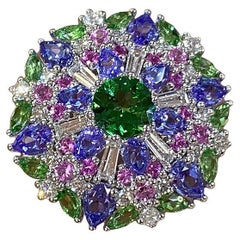 Einzigartiger Tansanit Rosa Saphir Smaragd Diamant Weißer 18K Gold Ring für sie