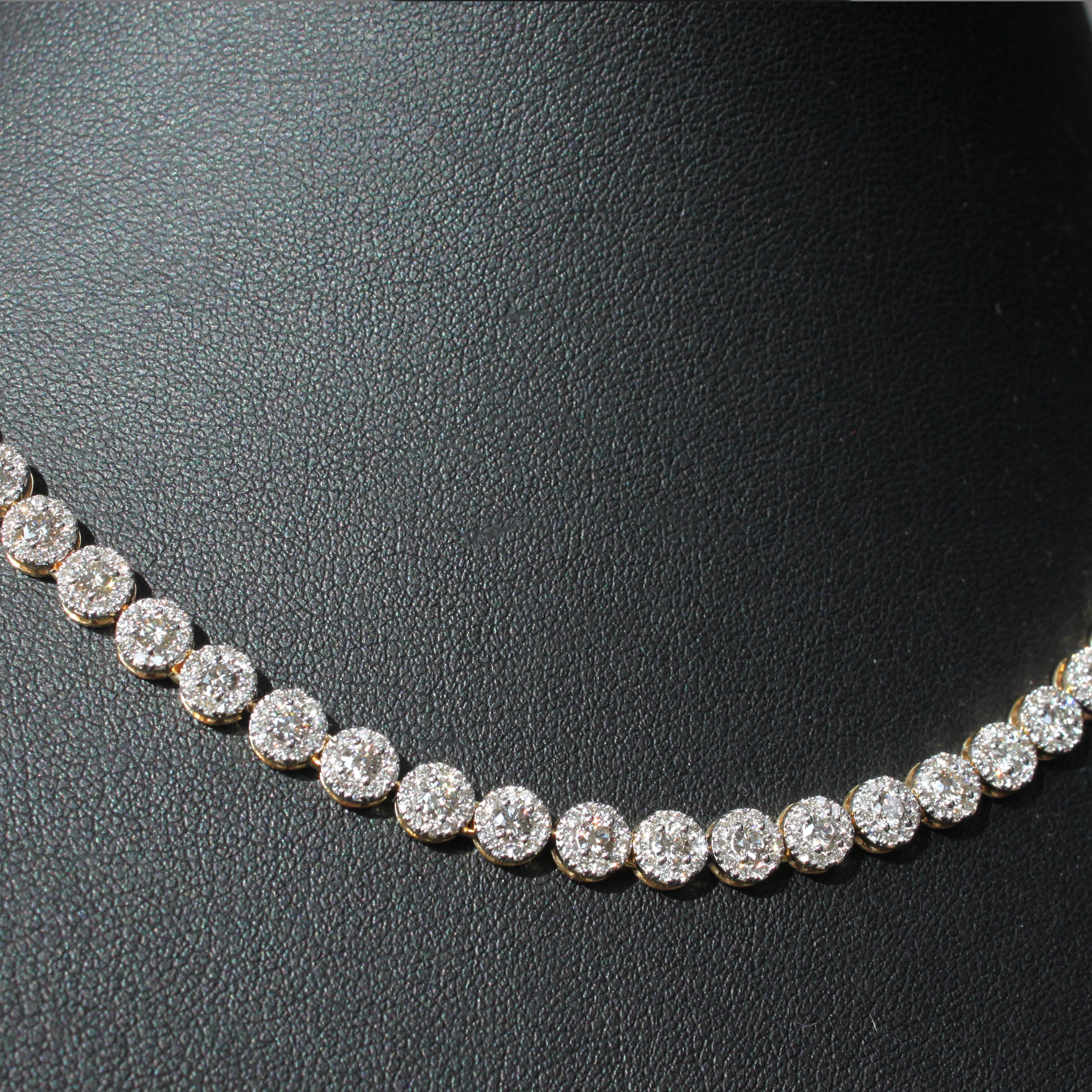 Brilliant Cut Unique Tennis Cluster Diamond Necklace in 14K Gold For Sale