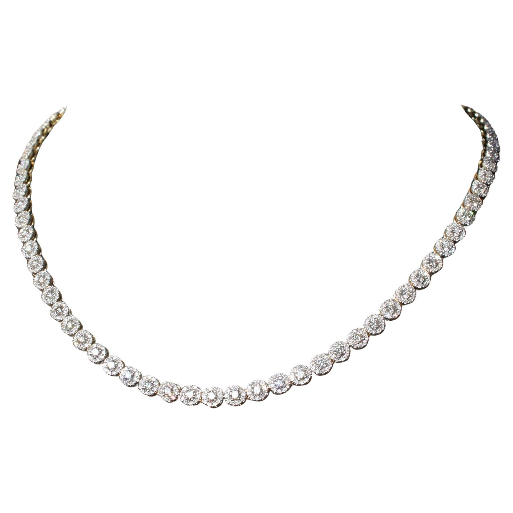 Unique Tennis Cluster Diamond Necklace in 14K Gold For Sale