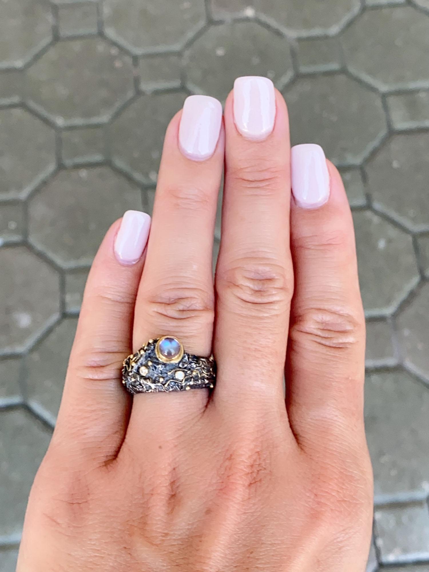 Unique Textured Wide Band Ring Moonstone Diamonds Sterling Silver 18K Gold R6645 For Sale 1