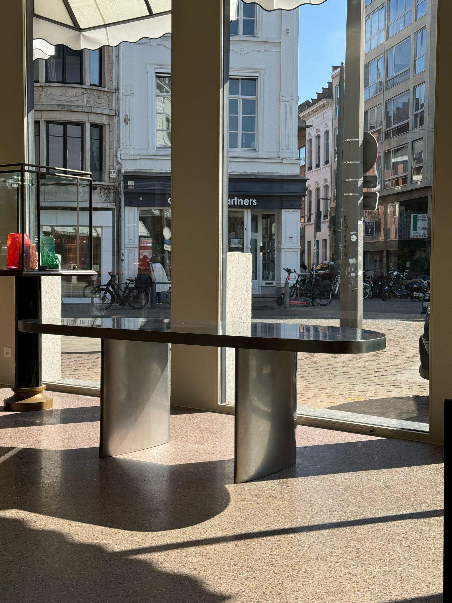 Unique Thick Stainless Steel Table Table by Kasanai
Dimensions: 240 x 100 x H 76 cm
Materials: Stainless Steel 
Table top thickness is 6cm.

KASANAI was founded in 2021 by interior designer Virginie Steeland. Inspired by the complexity of finding
