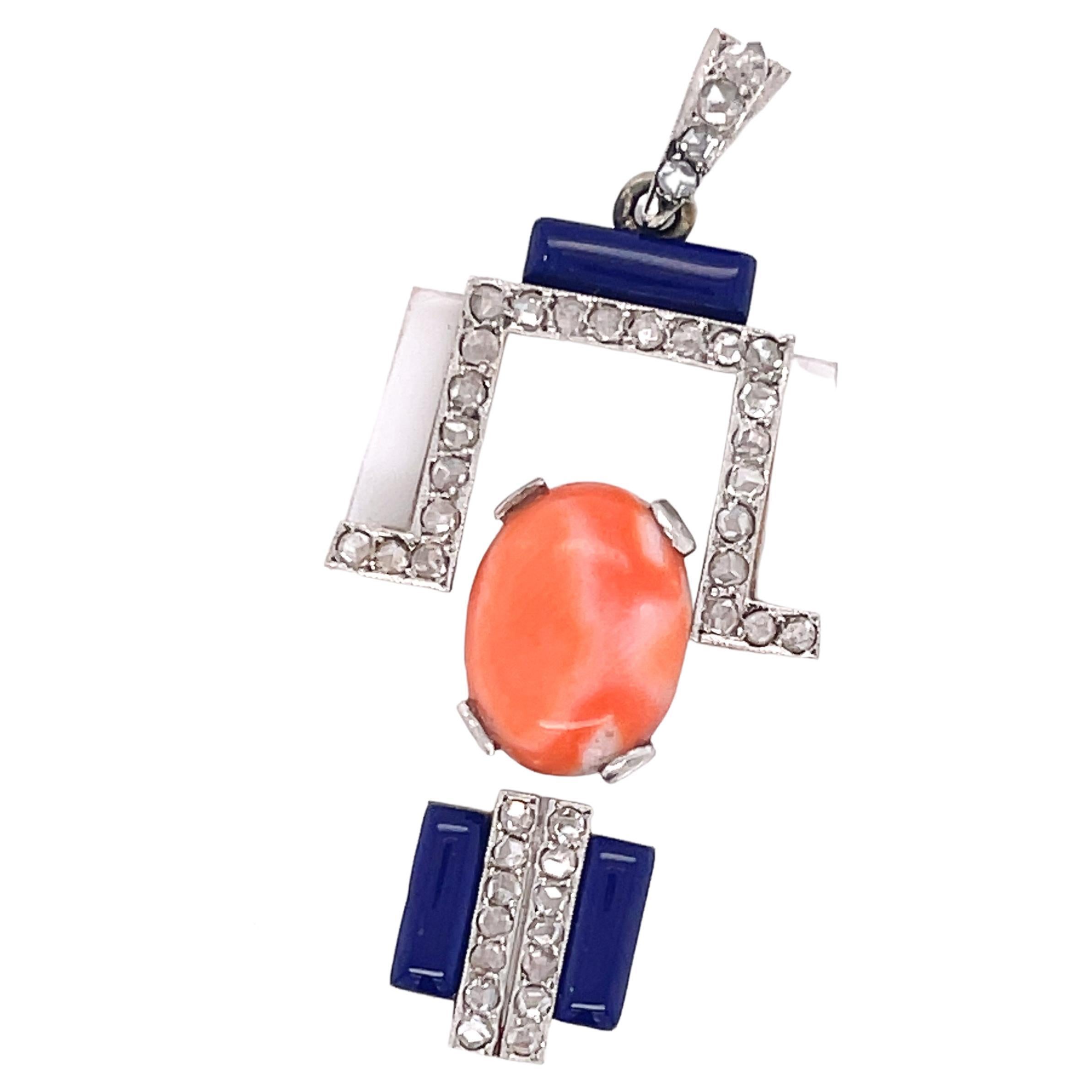  Unique trapezoid transparent Rock Quartz necklace pendant. The center has an orange coral oval. Blue enamel accents the top of the pendant and two stripes on the bottom. Round cut diamonds add to the geometric design of this pendant. 

• 18k Gold
•