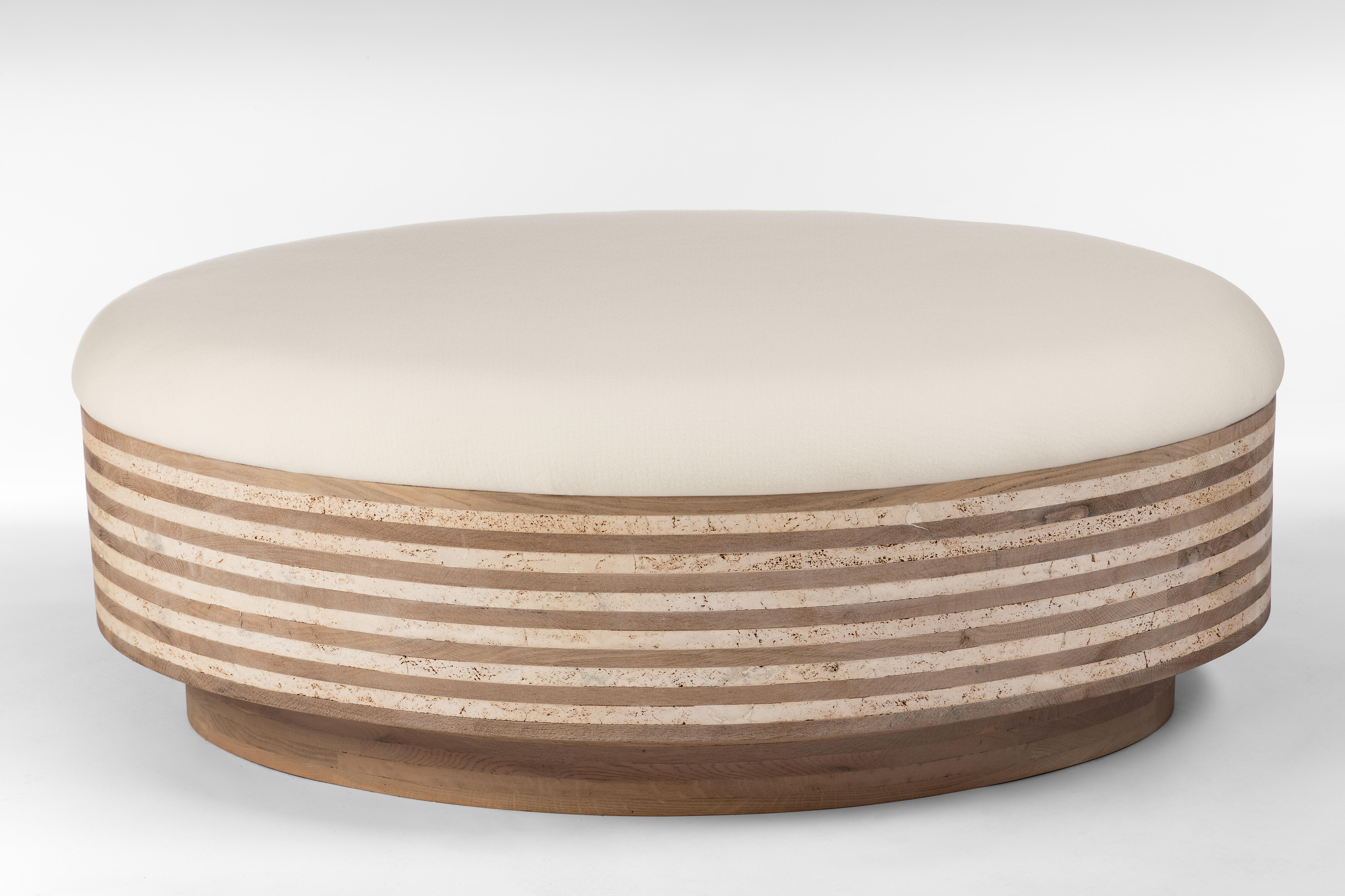 Unique travertine on oak bench sculpted by Francesco Perini
Materials: Oak, travertine, cashmere wool blend
Dimensions: W 130 x D 90 x H 50 cm

Following a creative path that grew out of the founding of a company, I Vassalletti, known the world