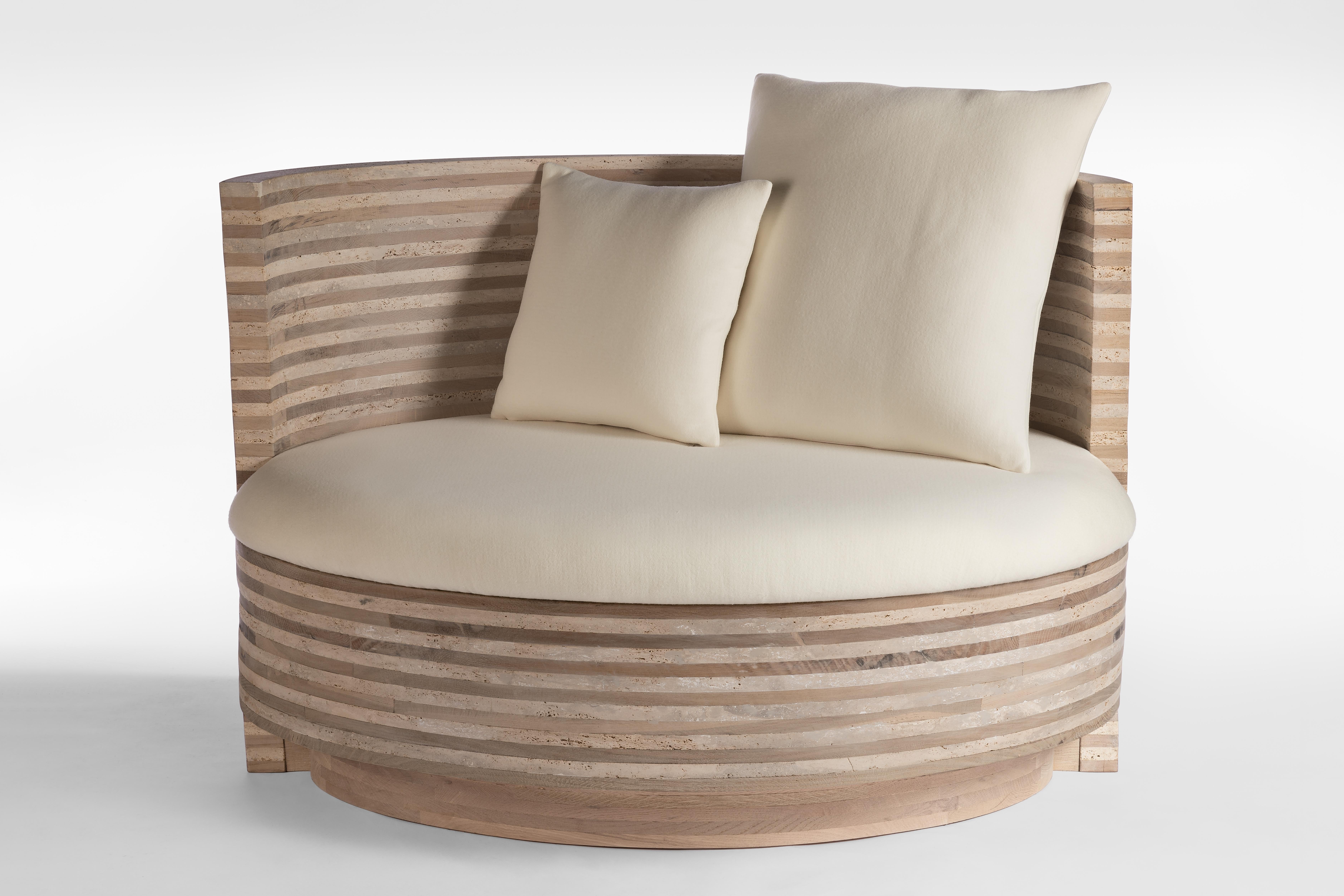 Unique Travertine on oak sofa sculpted by Francesco Perini
Materials: Oak, travertine, cashmere wool blend
Dimensions: H 90 x W 132 x D 97 cm

Following a creative path that grew out of the founding of a company, I Vassalletti, known the world