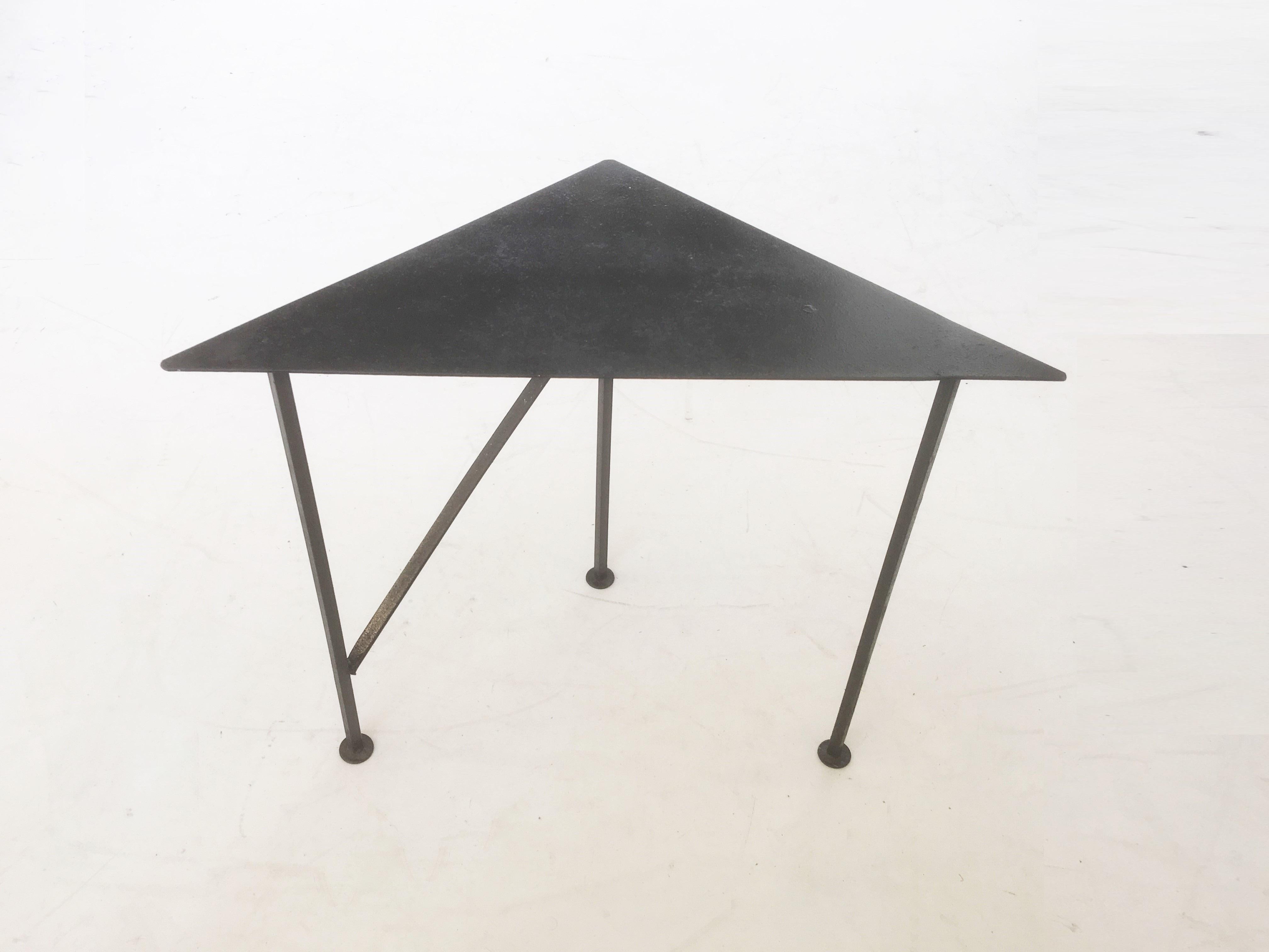 Unique Triangular Handcrafted Blackened Iron Drink Tables, Set of Two 4
