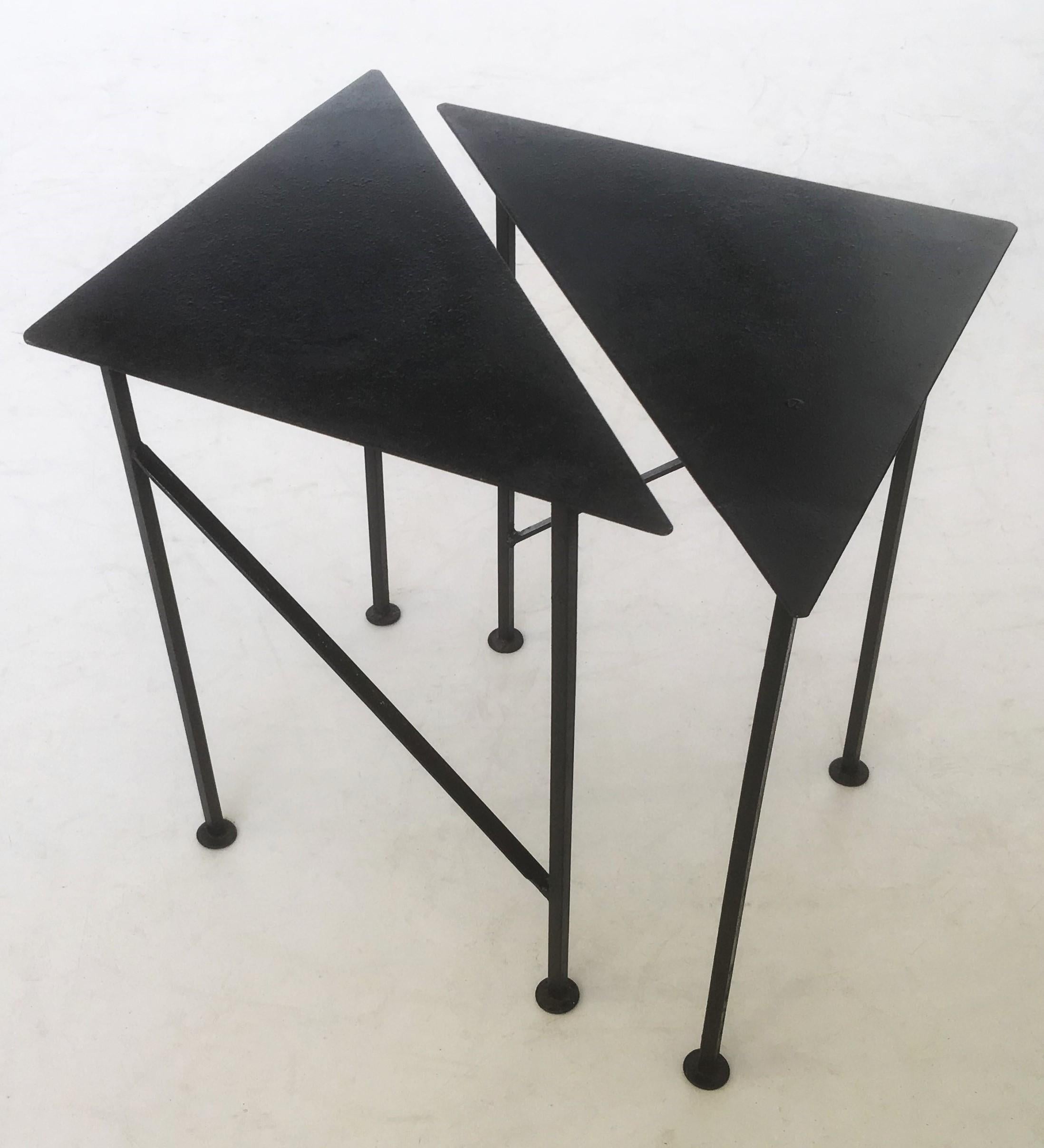 Unique Triangular Handcrafted Blackened Iron Drink Tables, Set of Two In Good Condition In Dallas, TX