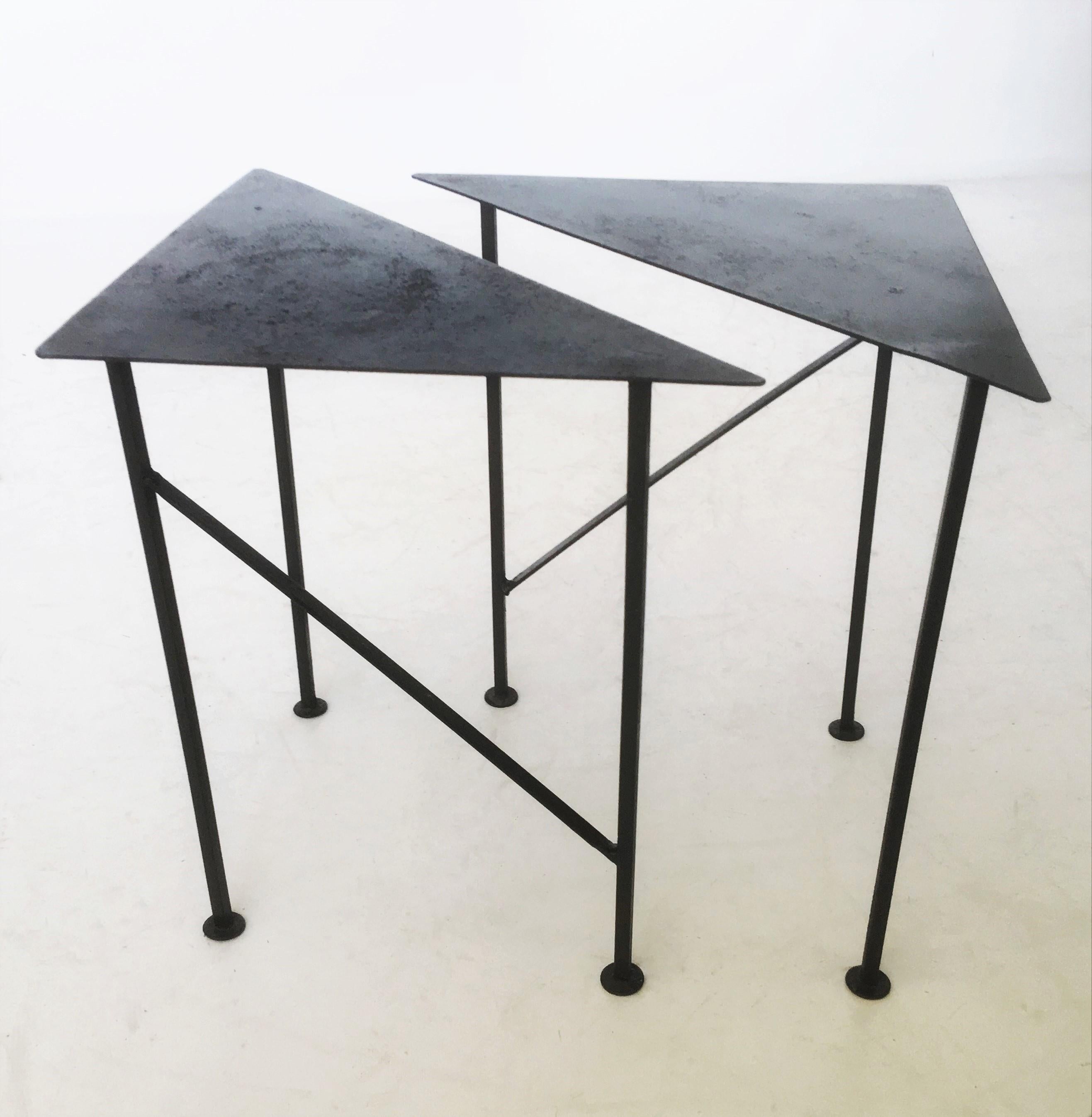 20th Century Unique Triangular Handcrafted Blackened Iron Drink Tables, Set of Two