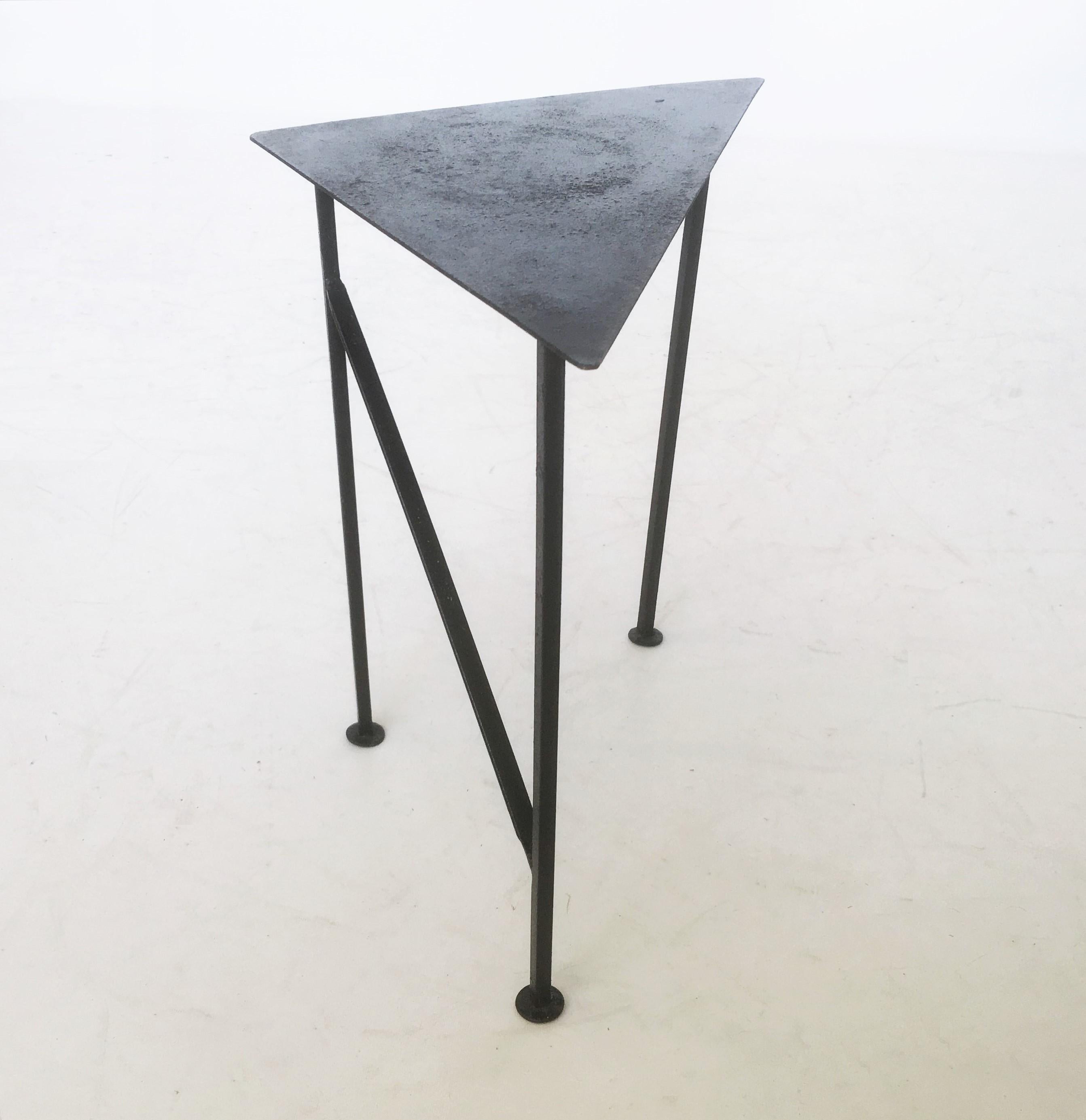 Unique Triangular Handcrafted Blackened Iron Drink Tables, Set of Two 1