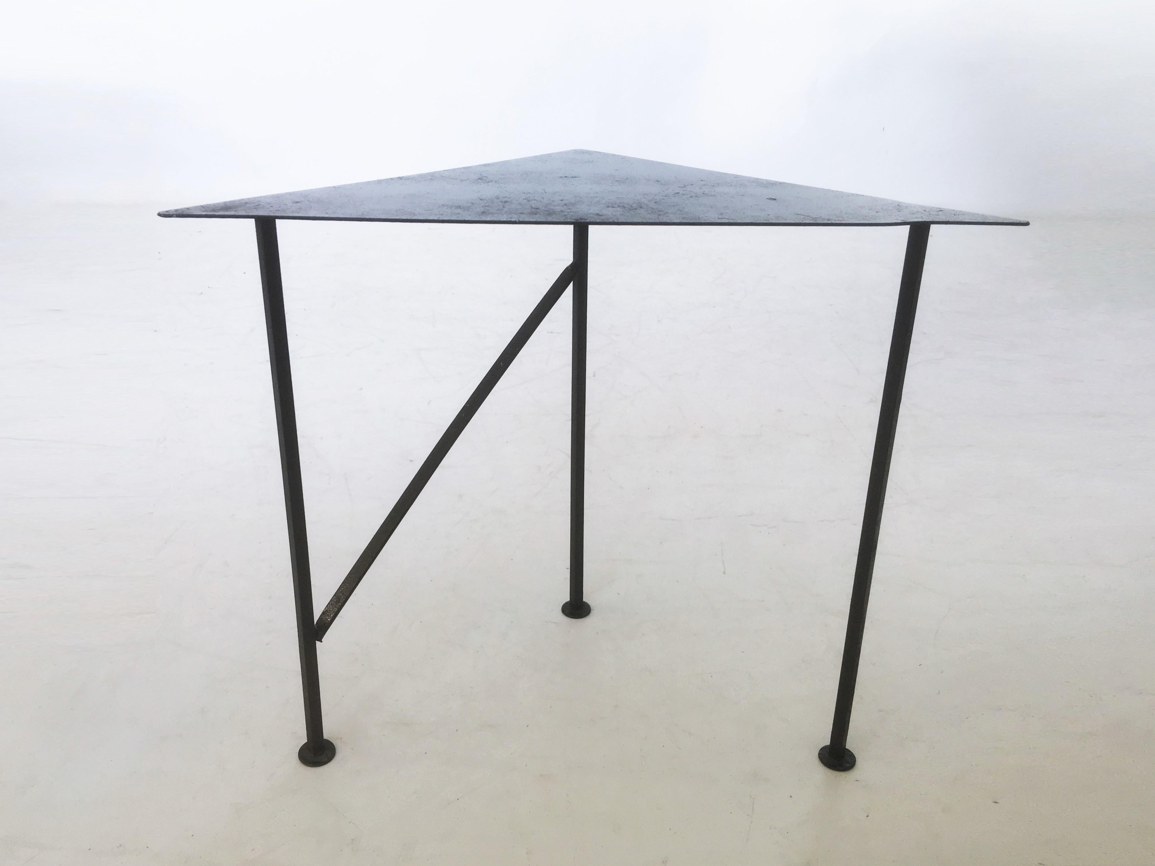Unique Triangular Handcrafted Blackened Iron Drink Tables, Set of Two 3
